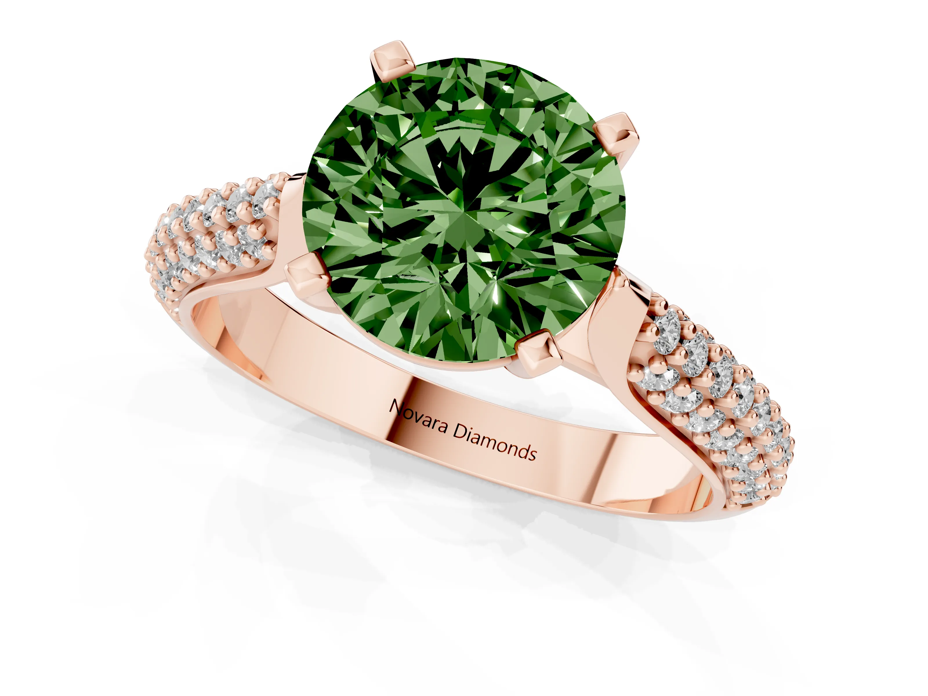 Fancy Green Round Cut Diamond Solitaire Engagement Ring Set in Rose gold with Multi-Row Round Pavé Band and Prong Setting