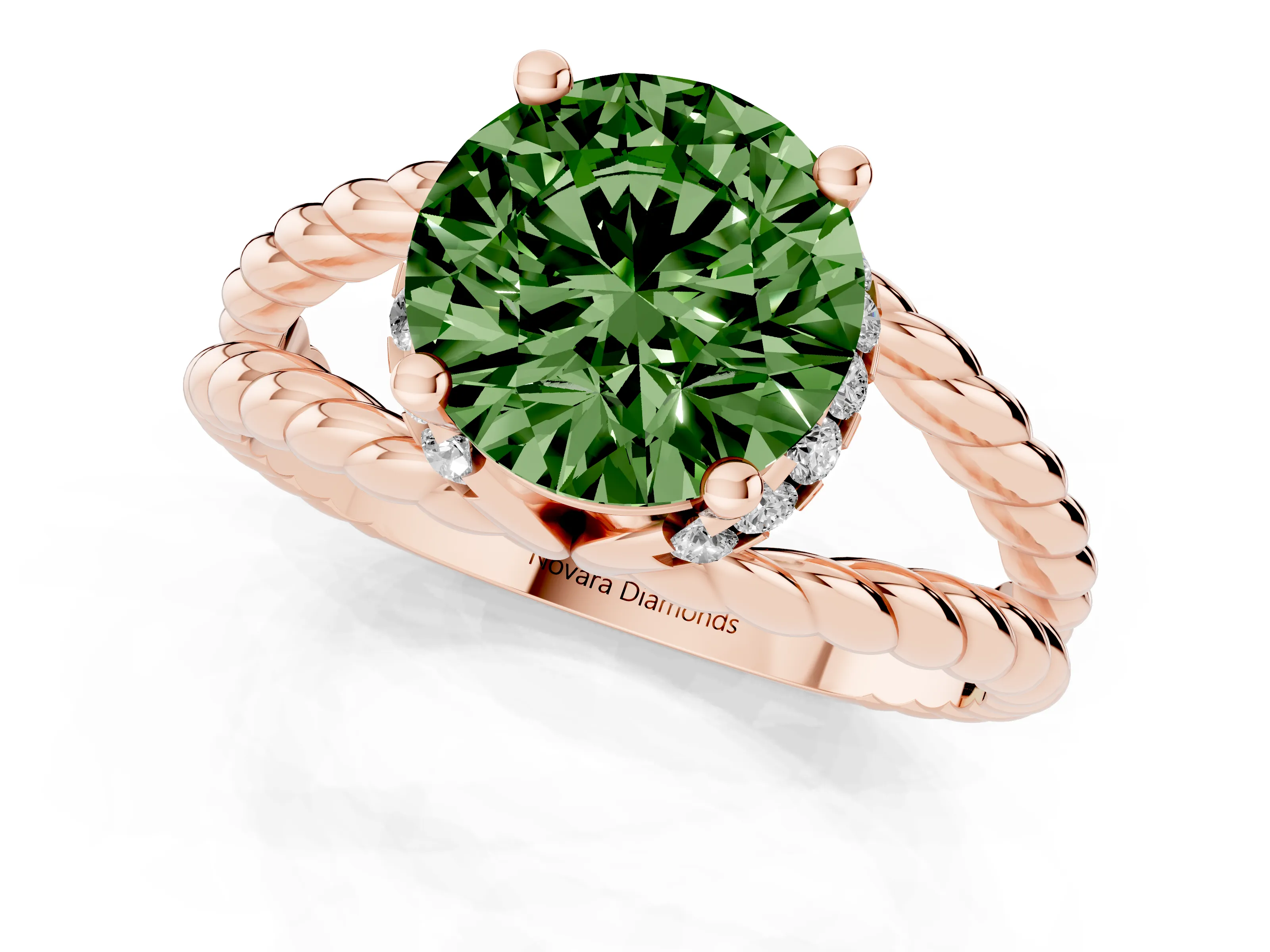 Fancy Green Round Cut Diamond Halo Ring Set in Rose gold with Twisted Band and Prong Setting