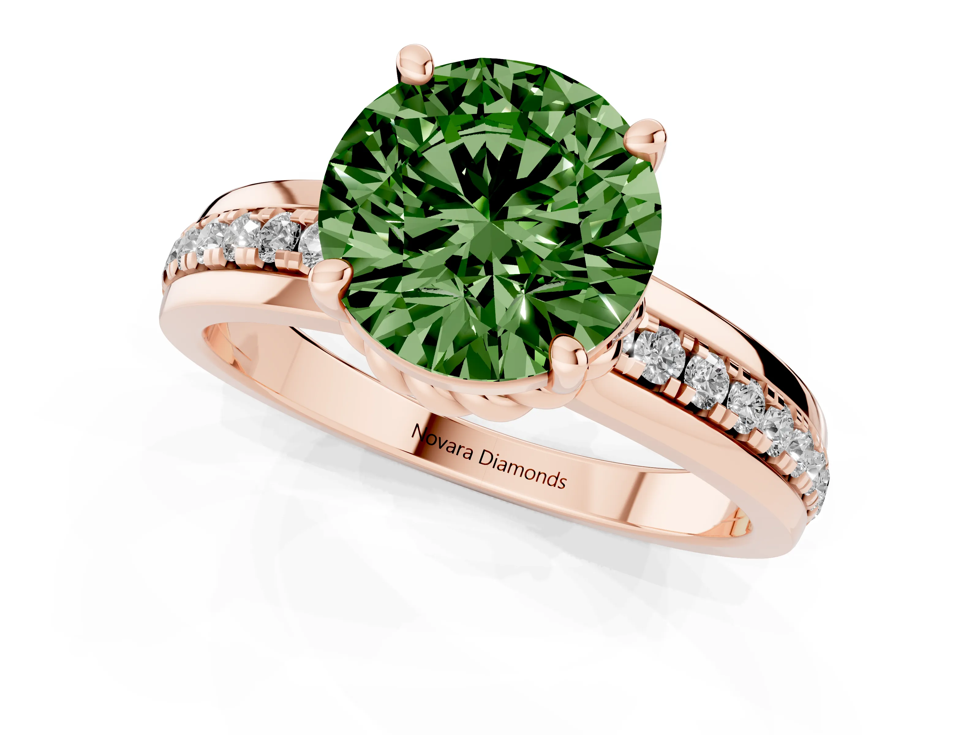 Fancy Green Round Cut Diamond Solitaire Ring Set in Rose gold with Channel Set Band and Prong Setting