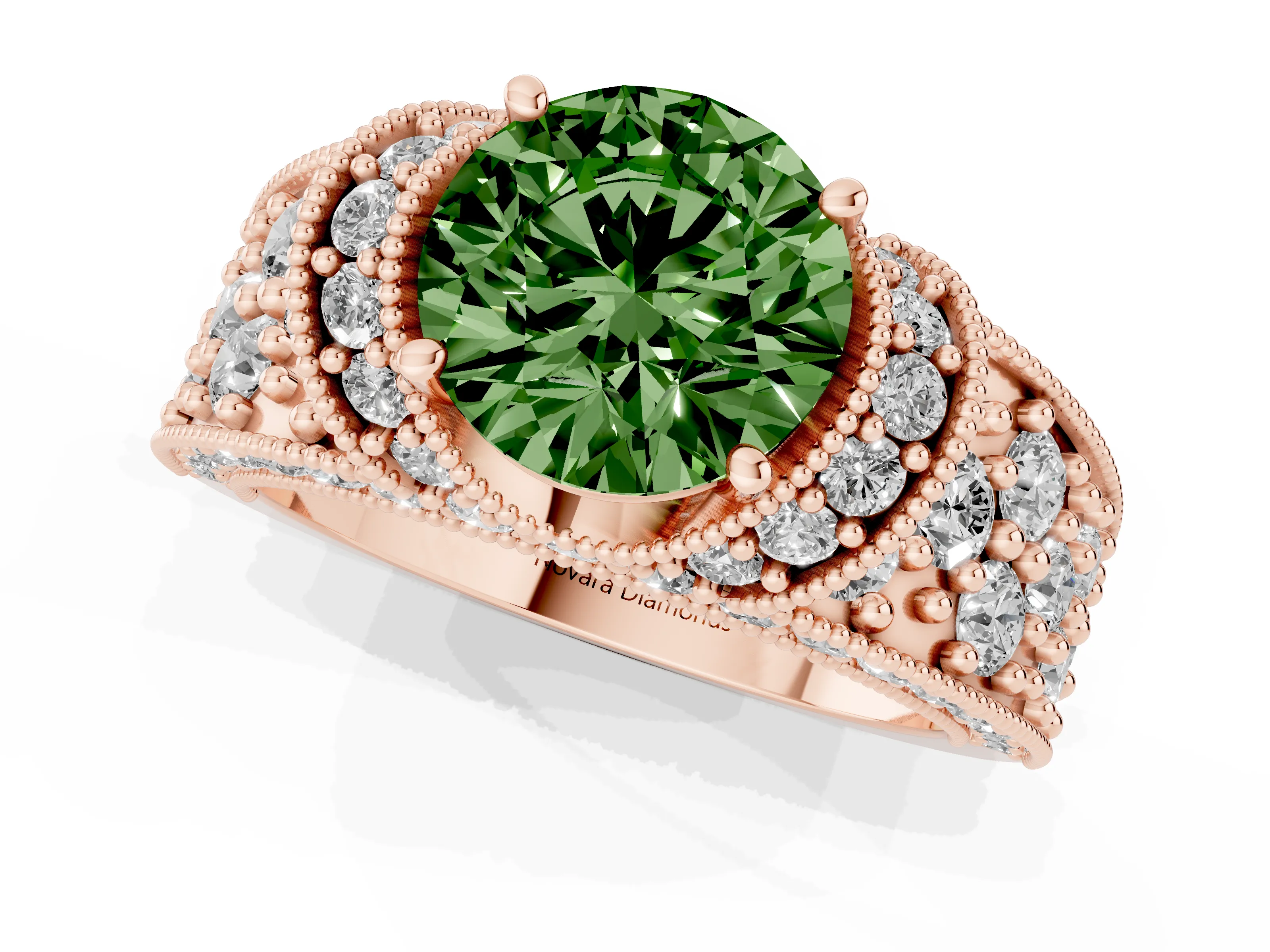 Fancy Green Round Cut Diamond Milgrain Halo Pavé Engagement Ring Set in Rose gold with Prong Setting