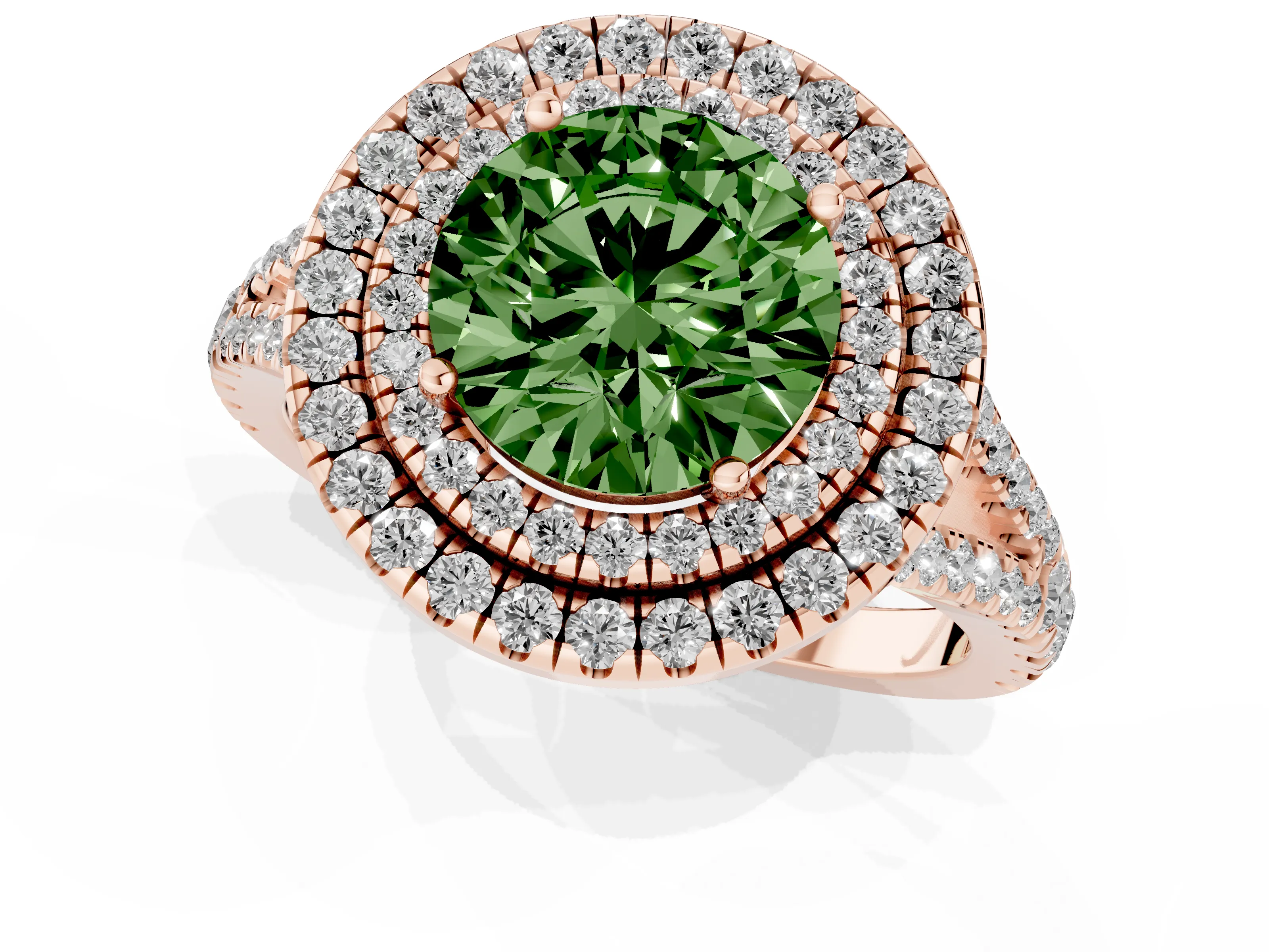 Fancy Green Round Cut Diamond Double Halo Ring Set in Rose gold with Pavé Band