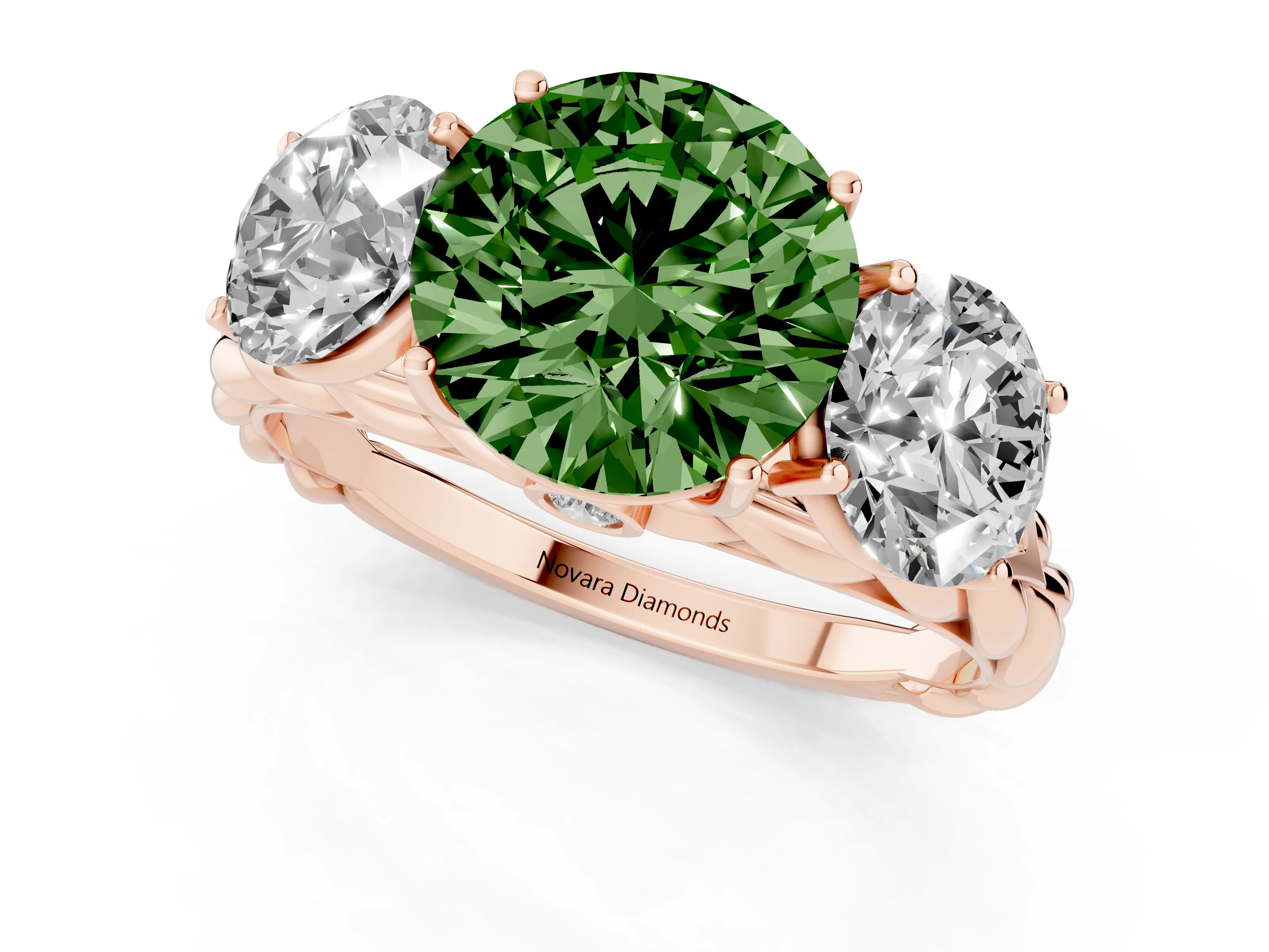 Fancy Green Round Cut Diamond Three-Stone Ring Set in Rose gold with Braided Band