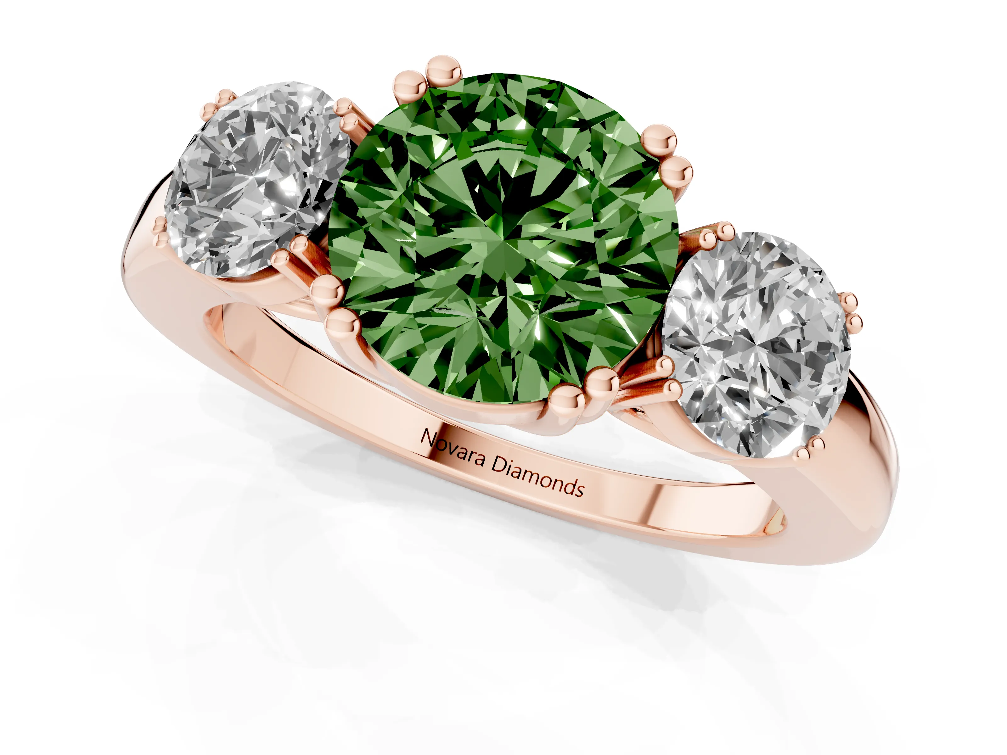 Fancy Green Round Cut Diamond Three-Stone Ring Set in Rose gold with Polished Channel-Set Band