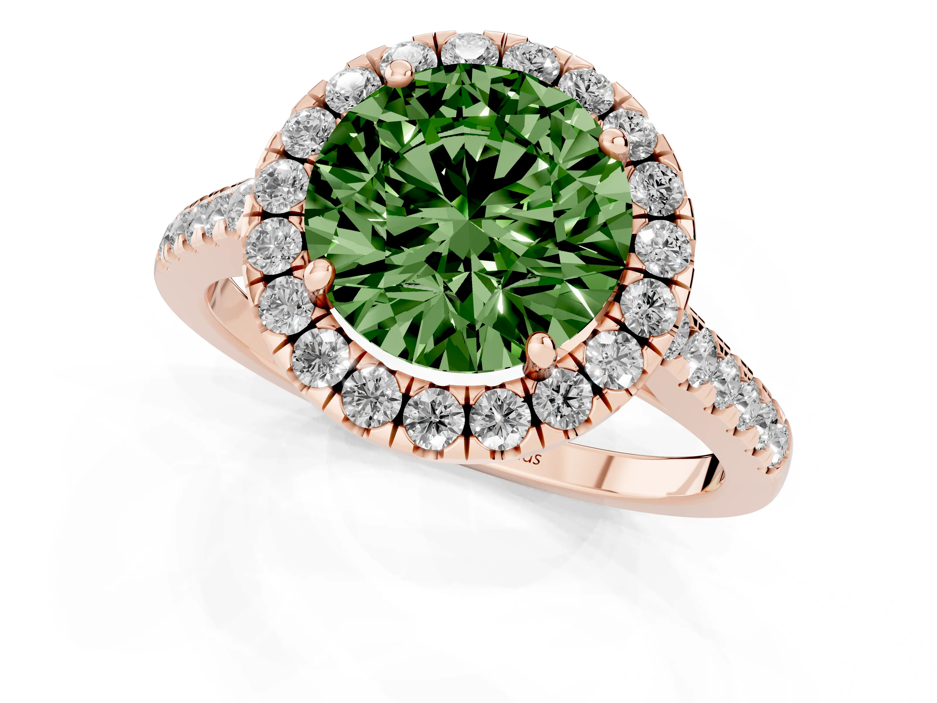 Fancy Green Round Cut Diamond Halo Pavé Engagement Ring Set in Rose gold with Prong Setting
