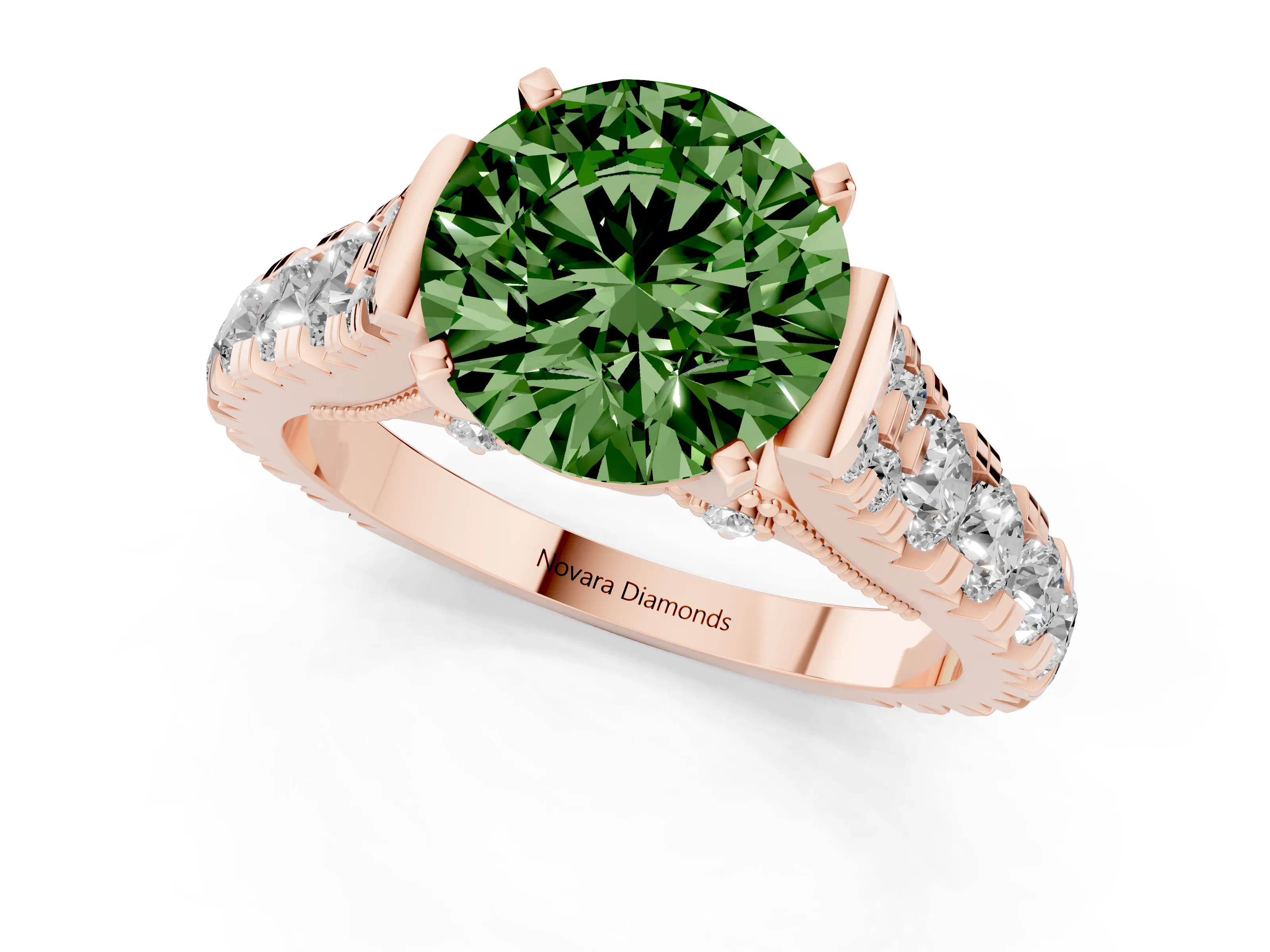 Fancy Green Round Cut Diamond Classic Solitaire Ring Set in Rose gold with Pavé Band and Prong Setting
