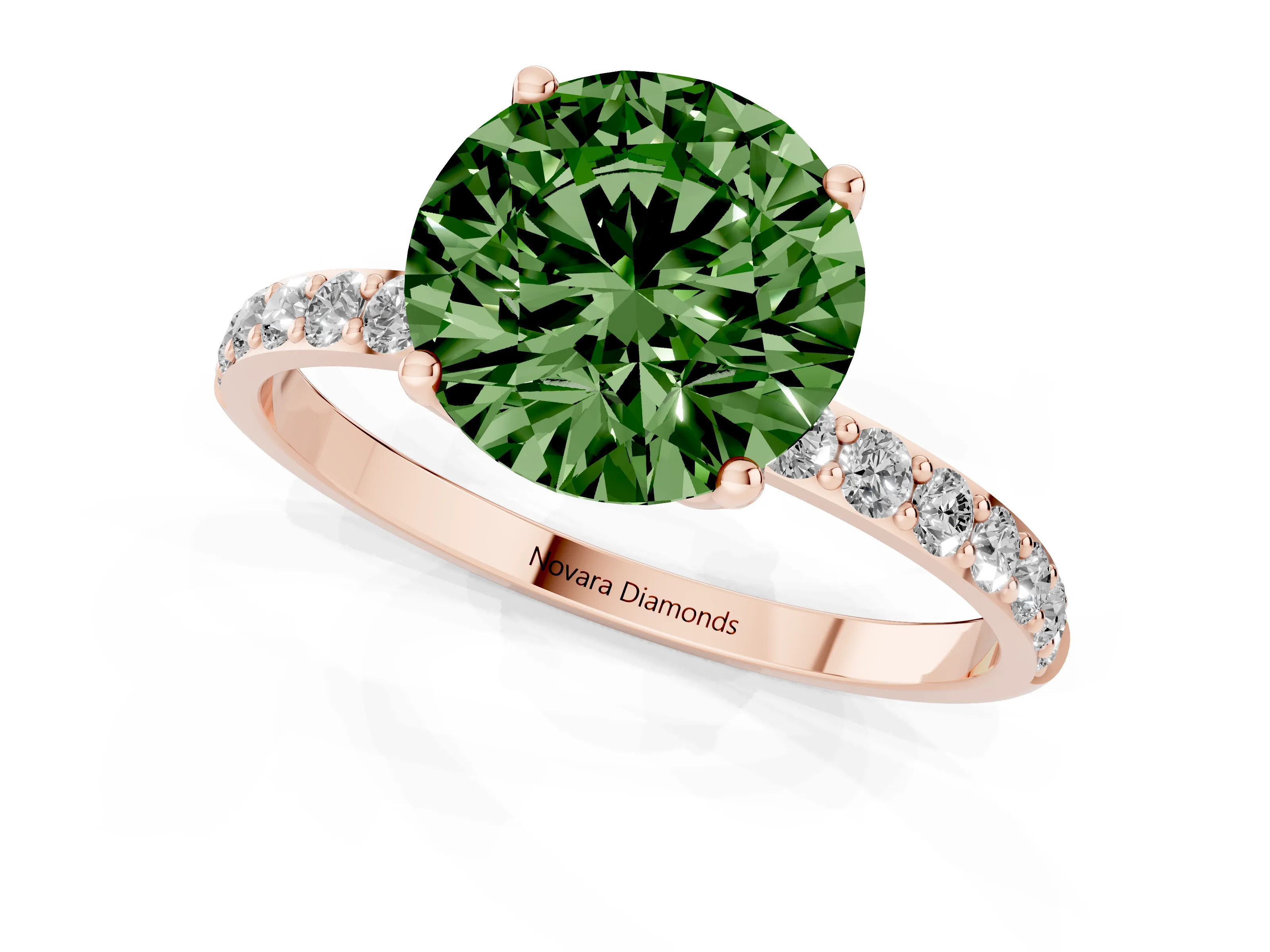 Fancy Green Round Cut Diamond Solitaire Engagement Ring Set in Rose gold with Round Pavé Band and Prong Setting