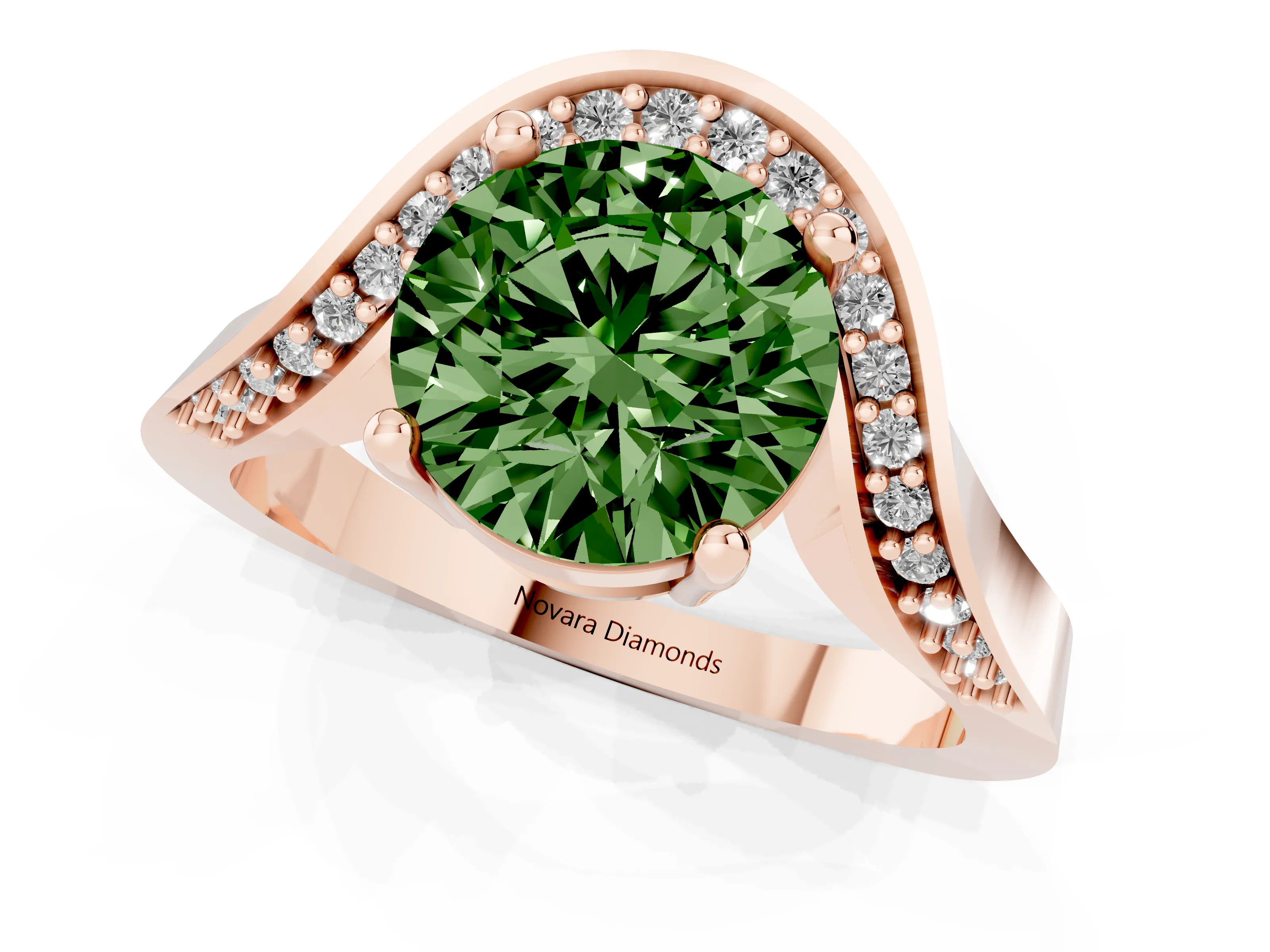 Fancy Green Round Cut Diamond Solitaire Engagement Ring Set in Rose gold with Pavé Shoulders