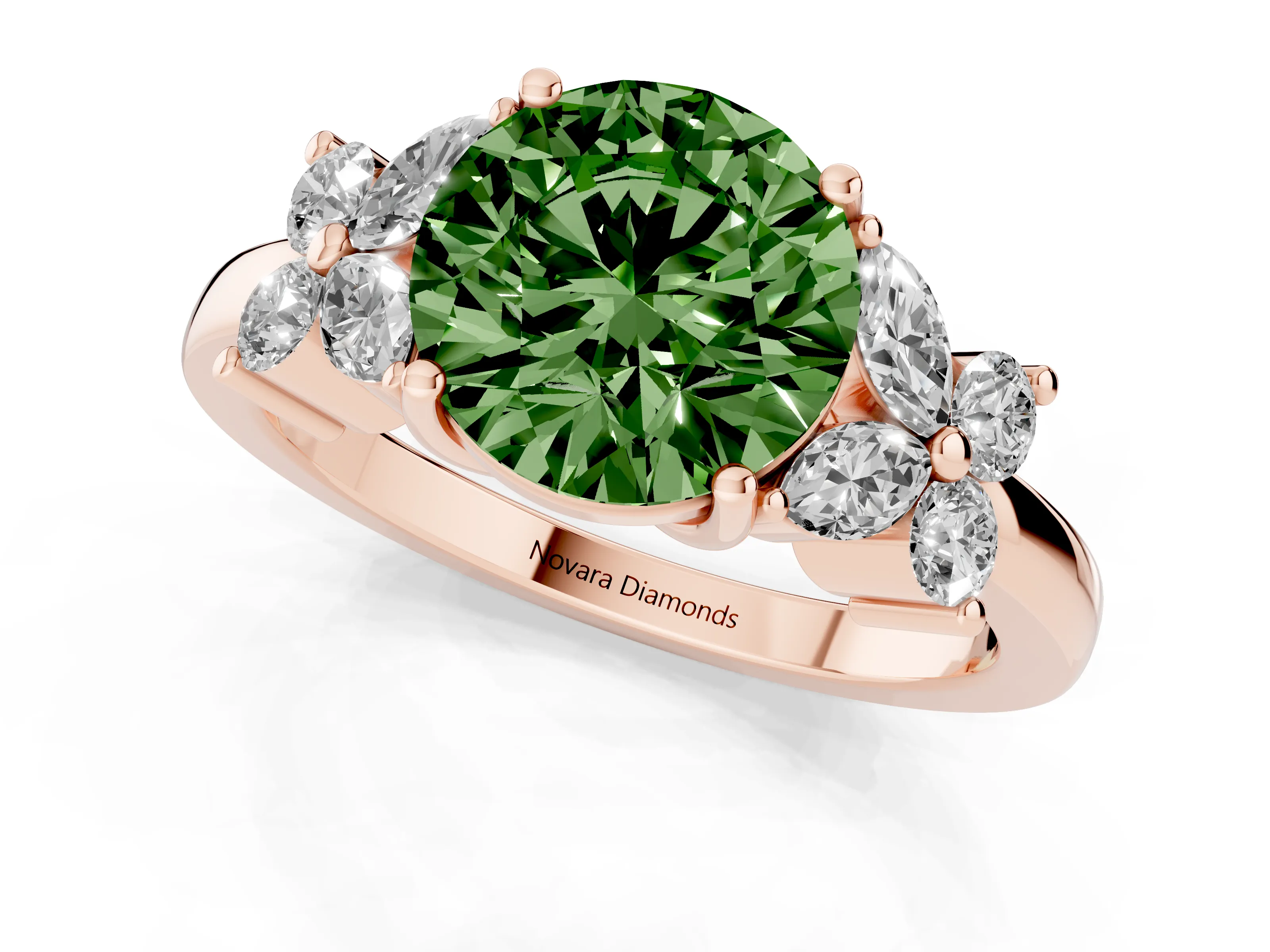 Fancy Green Round Cut Diamond Floral Cluster Ring Set in Rose gold with Marquise Petals and Prong Setting