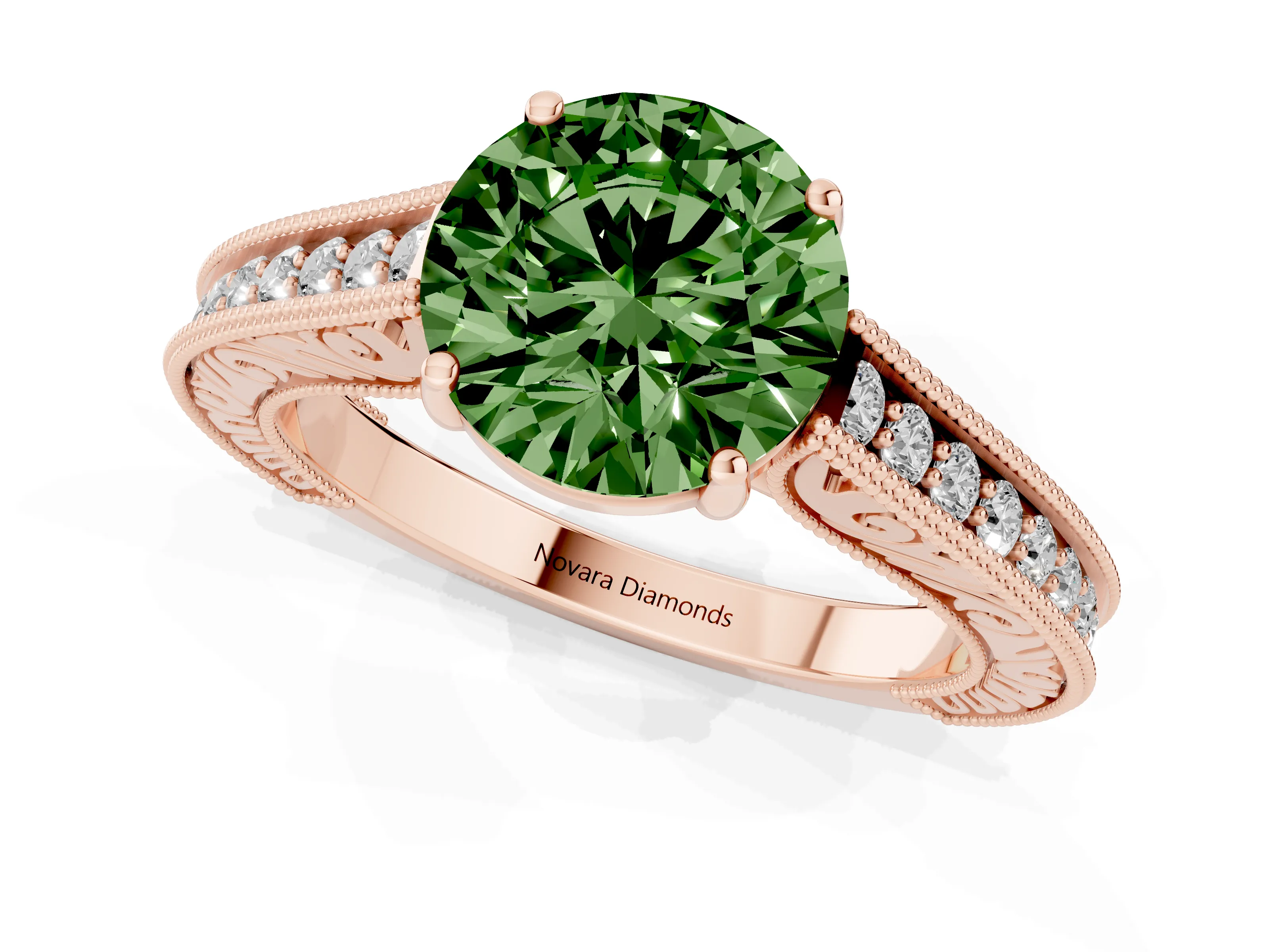 Fancy Green Round Cut Diamond Milgrain Pavé Band Solitaire Ring Set in Rose gold with Prong Setting