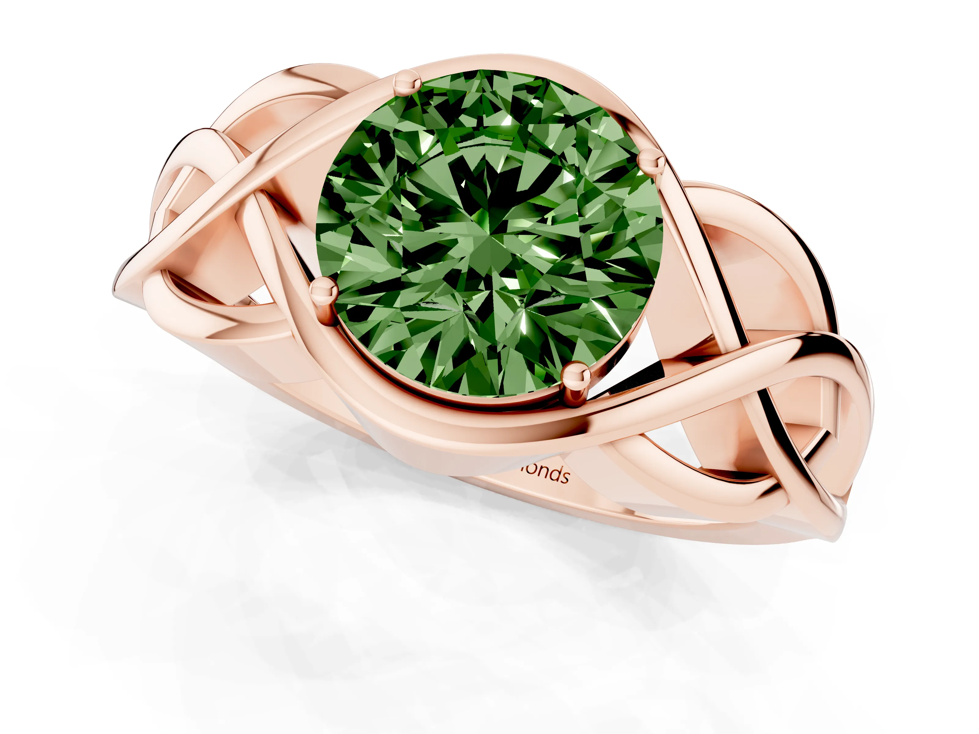 Fancy Green Round Cut Diamond Solitaire Ring Set in Rose gold with Intertwined Band