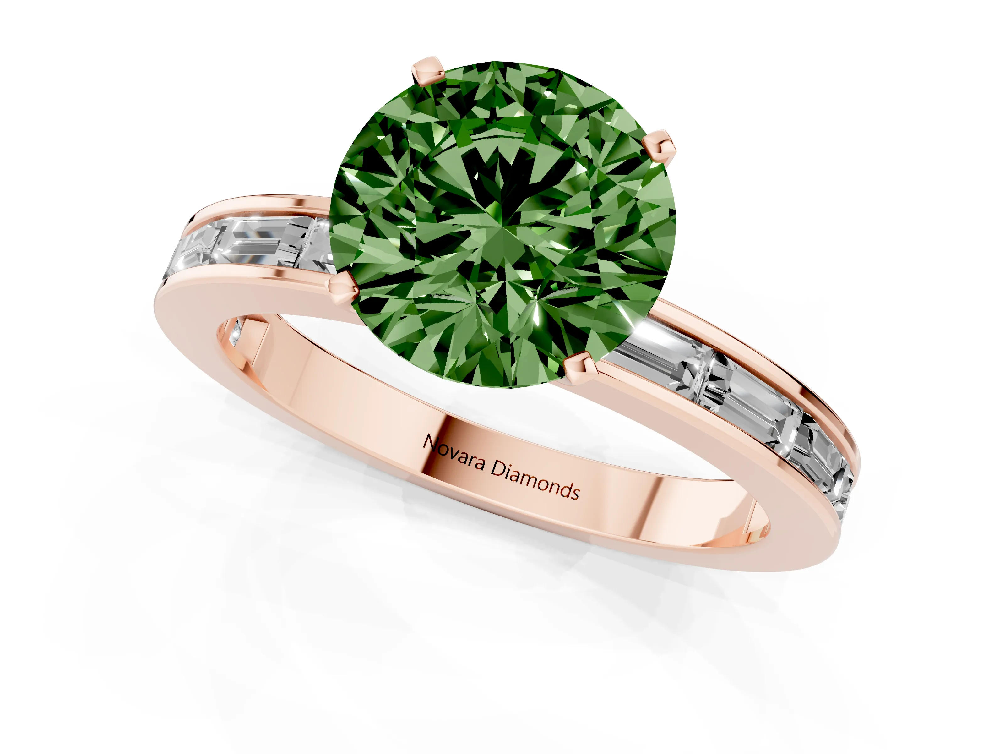Fancy Green Round Cut Diamond Solitaire Ring Set in Rose gold with Channel-Set Baguette Band and Prong Setting