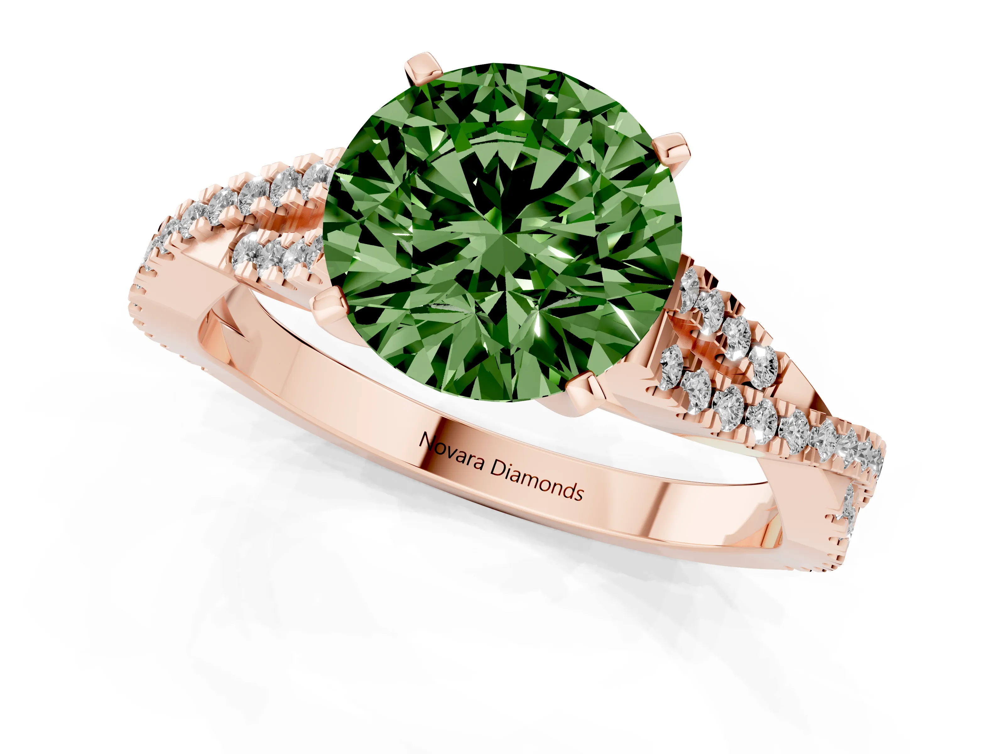 Fancy Green Round Cut Diamond Solitaire Engagement Ring Set in Rose gold with Twisted Pavé Band and Prong Setting