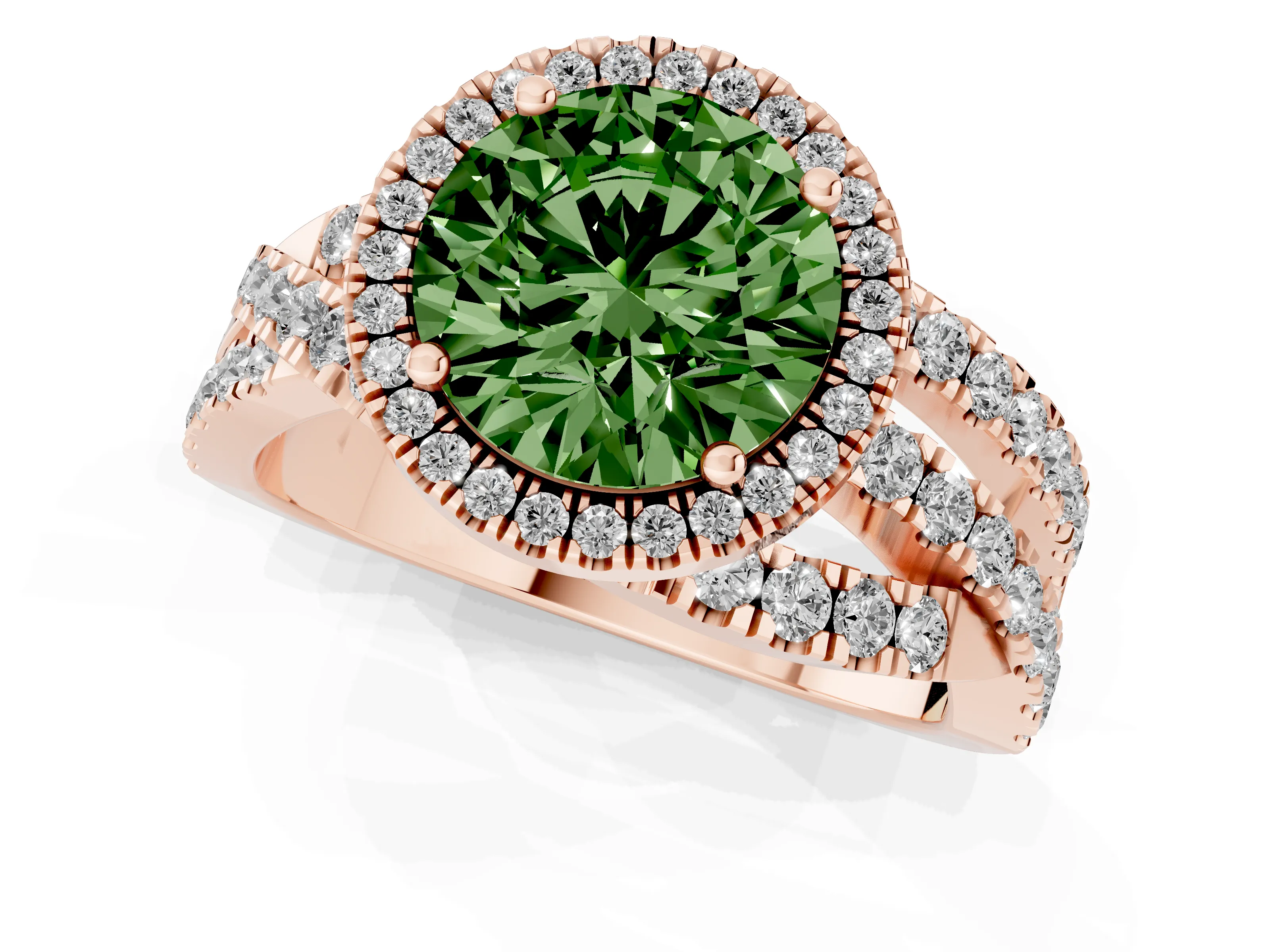Fancy Green Round Cut Diamond Halo Ring Set in Rose gold with Round Crossover Split Shank and Prong Setting