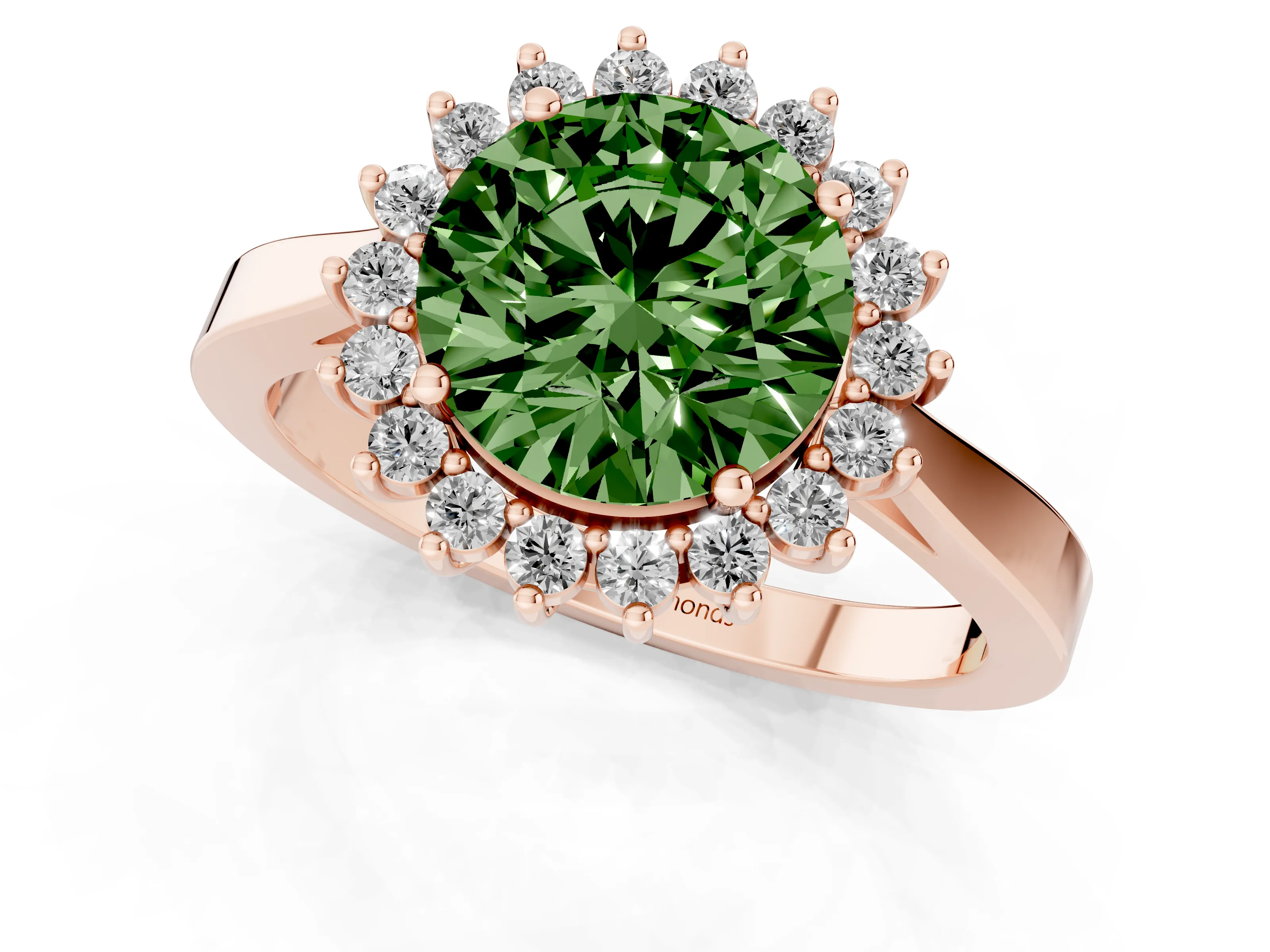 Fancy Green Round Cut Diamond Halo Ring Set in Rose gold with Round Halo and Smooth Solitaire Band