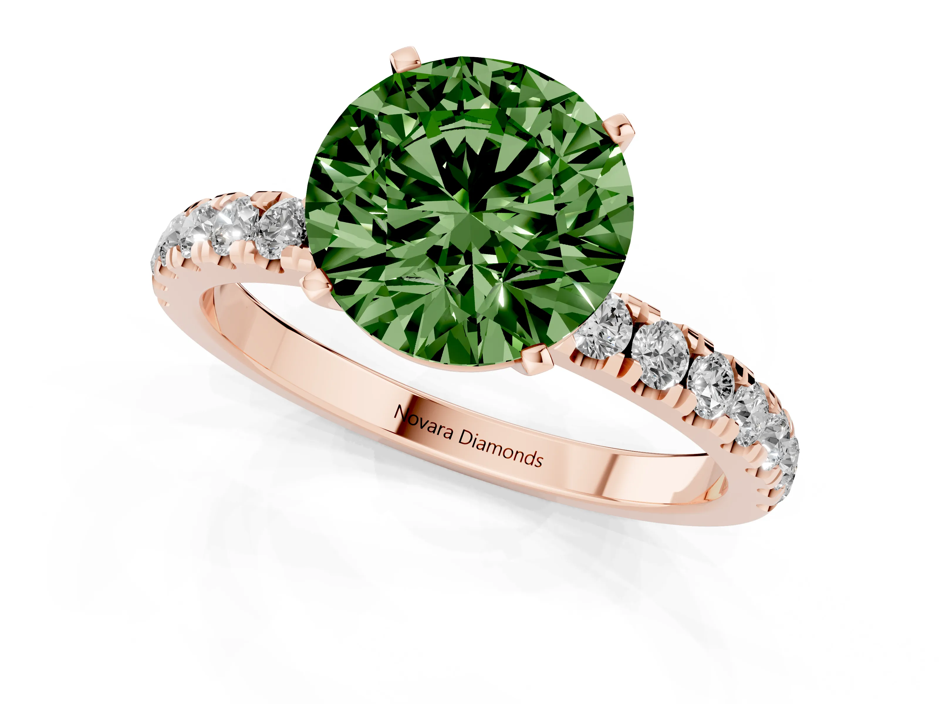 Fancy Green Round Cut Diamond Solitaire Ring Set in Rose gold with Pavé Accents and Prong Setting