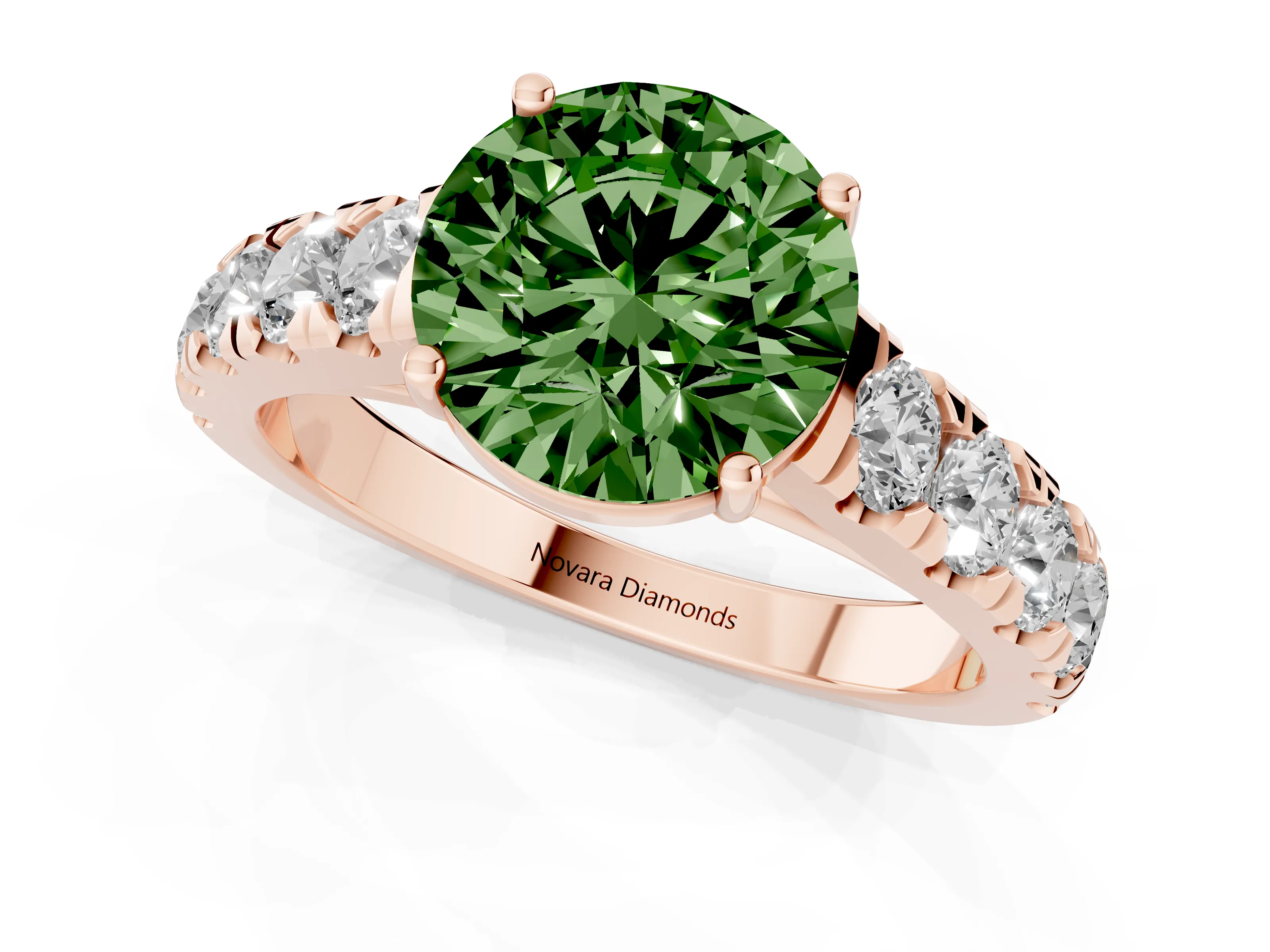 Fancy Green Round Cut Diamond Solitaire Ring Set in Rose gold with Cut-Down Micro Pavé Band and Prong Setting