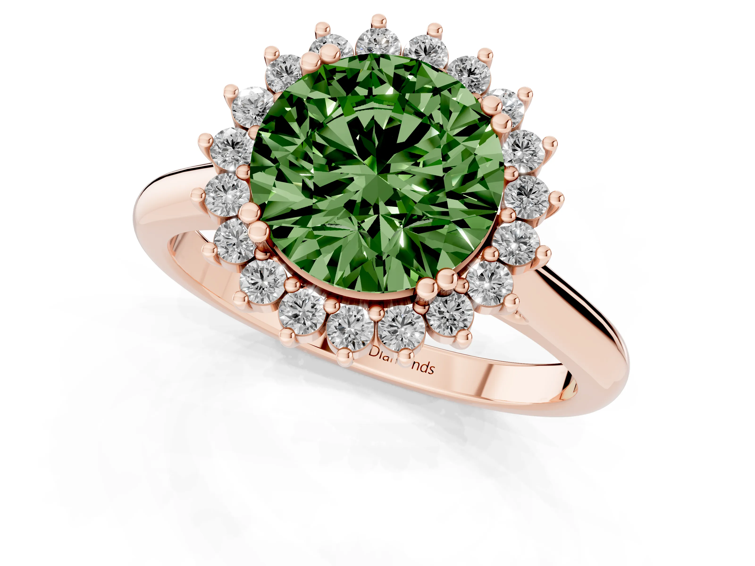 Fancy Green Round Cut Diamond Halo Ring Set in Rose gold with Plain Solitaire Band and Prong Setting