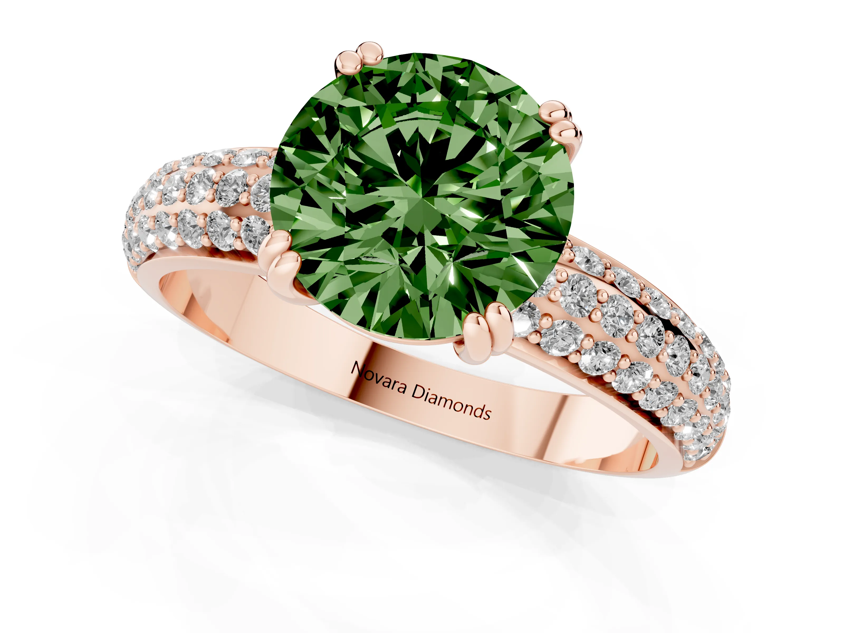 Fancy Green Round Cut Diamond Solitaire Ring Set in Rose gold with Multi-Row Round Pavé Band and Prong Setting