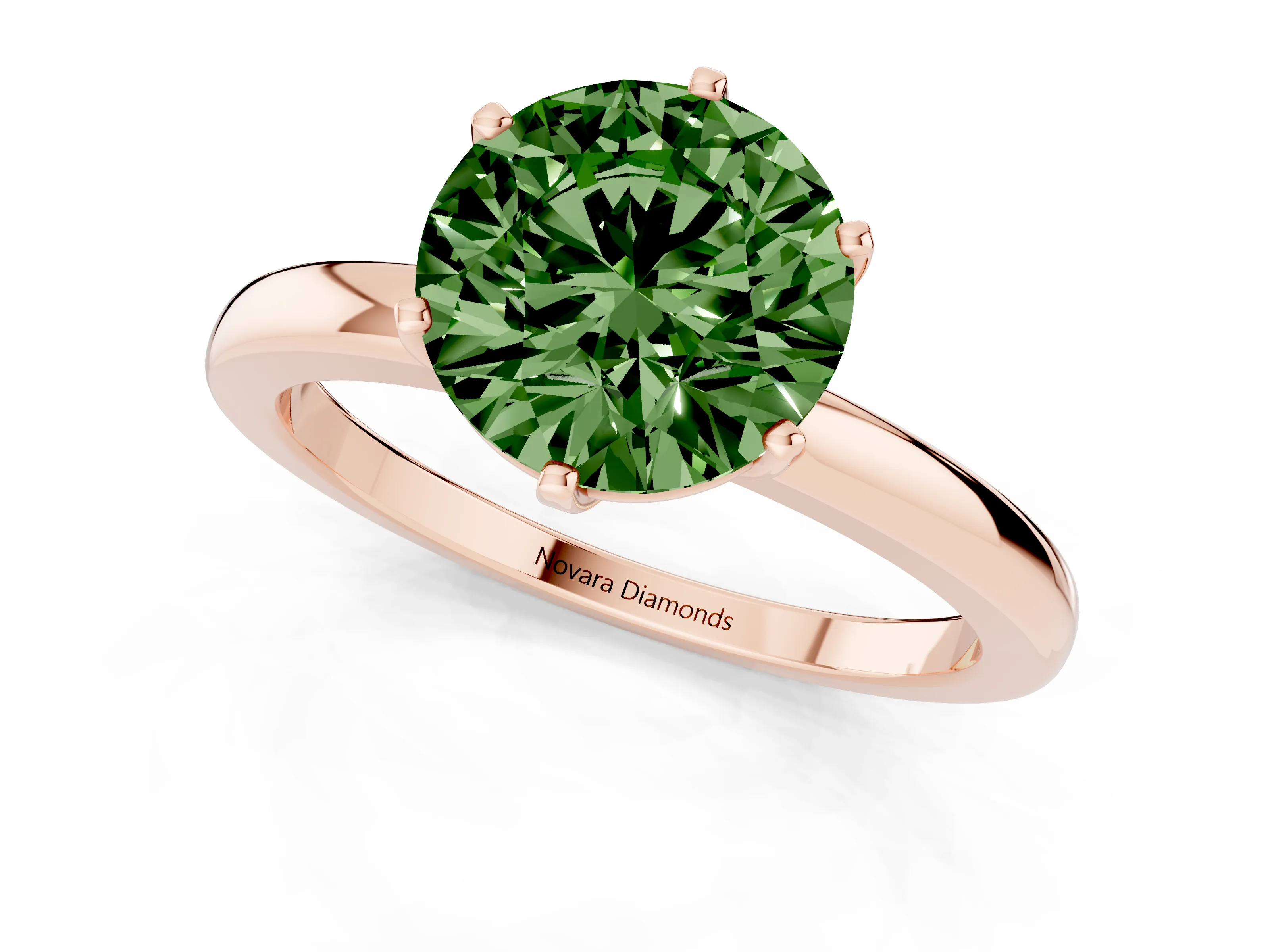 Fancy Green Round Cut Diamond Solitaire Ring Set in Rose gold with Raised Prong Setting on a Classic Band