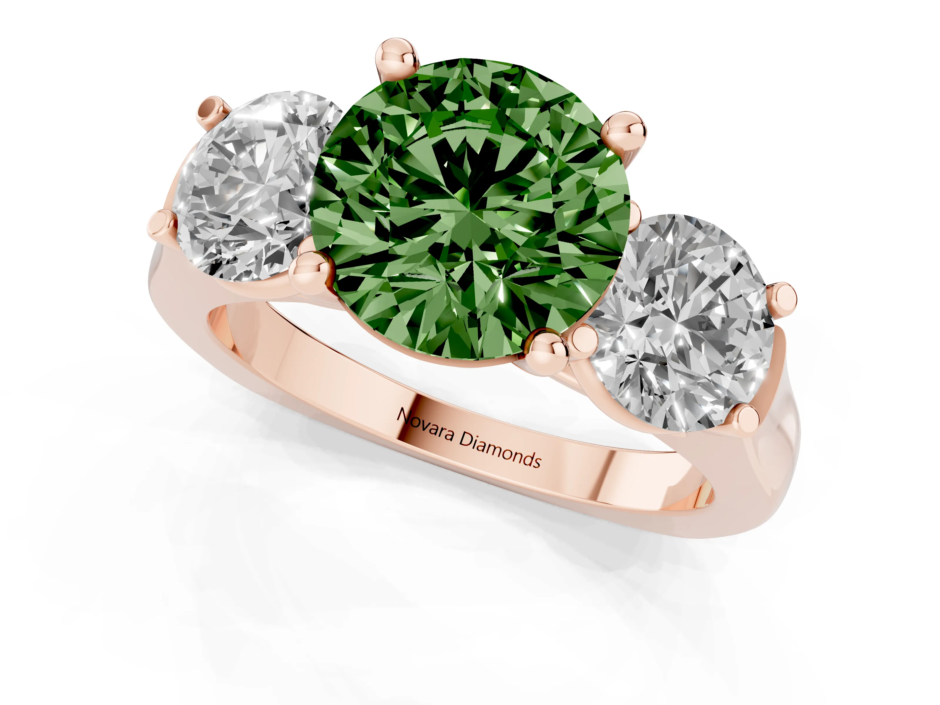 Fancy Green Round Cut Diamond Three-Stone Trellis Ring Set in Rose gold with Comfort Fit Band