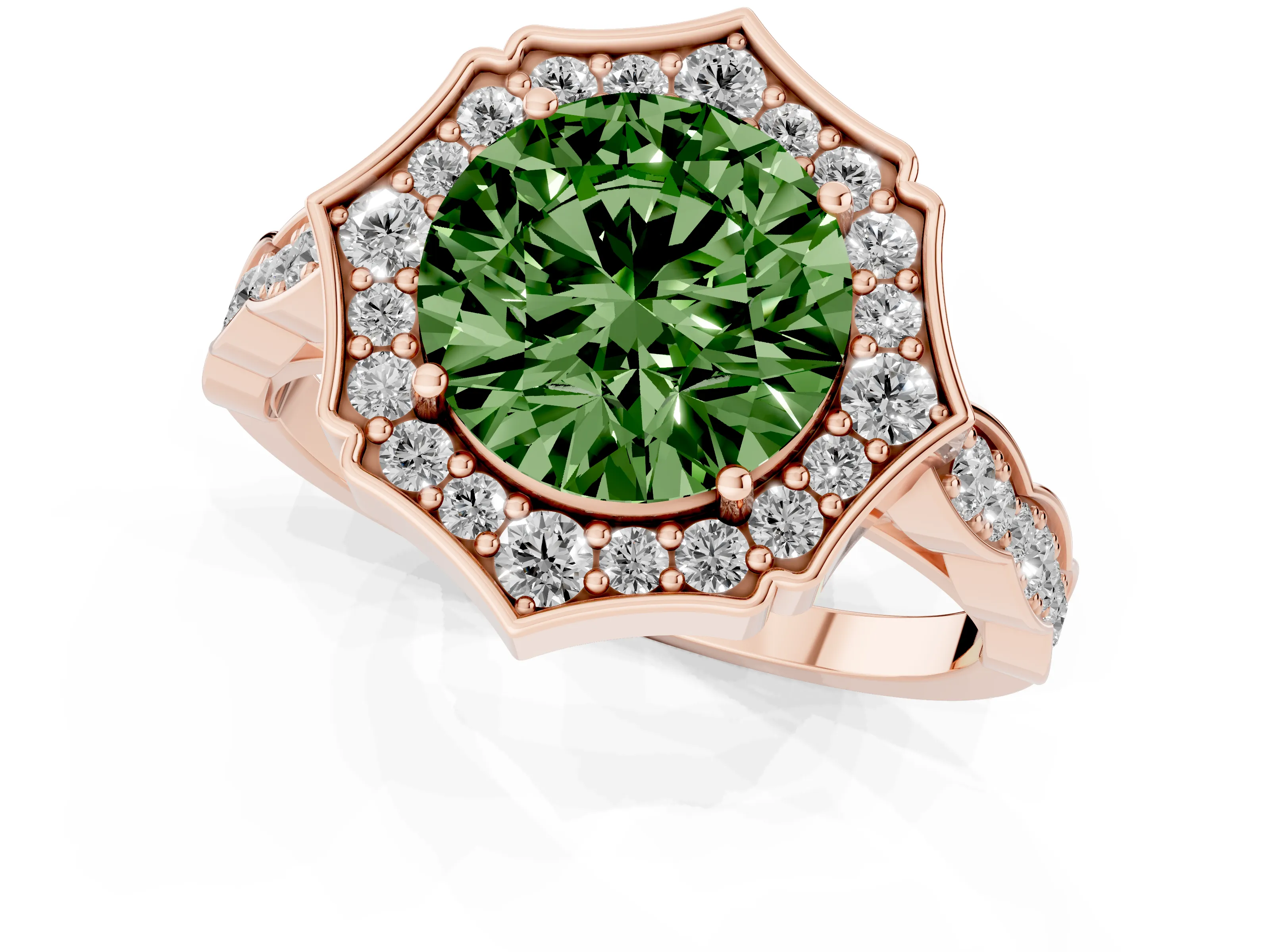 Fancy Green Round Cut Diamond Halo Engagement Ring Set in Rose gold with Milgrain Band and Prong Setting