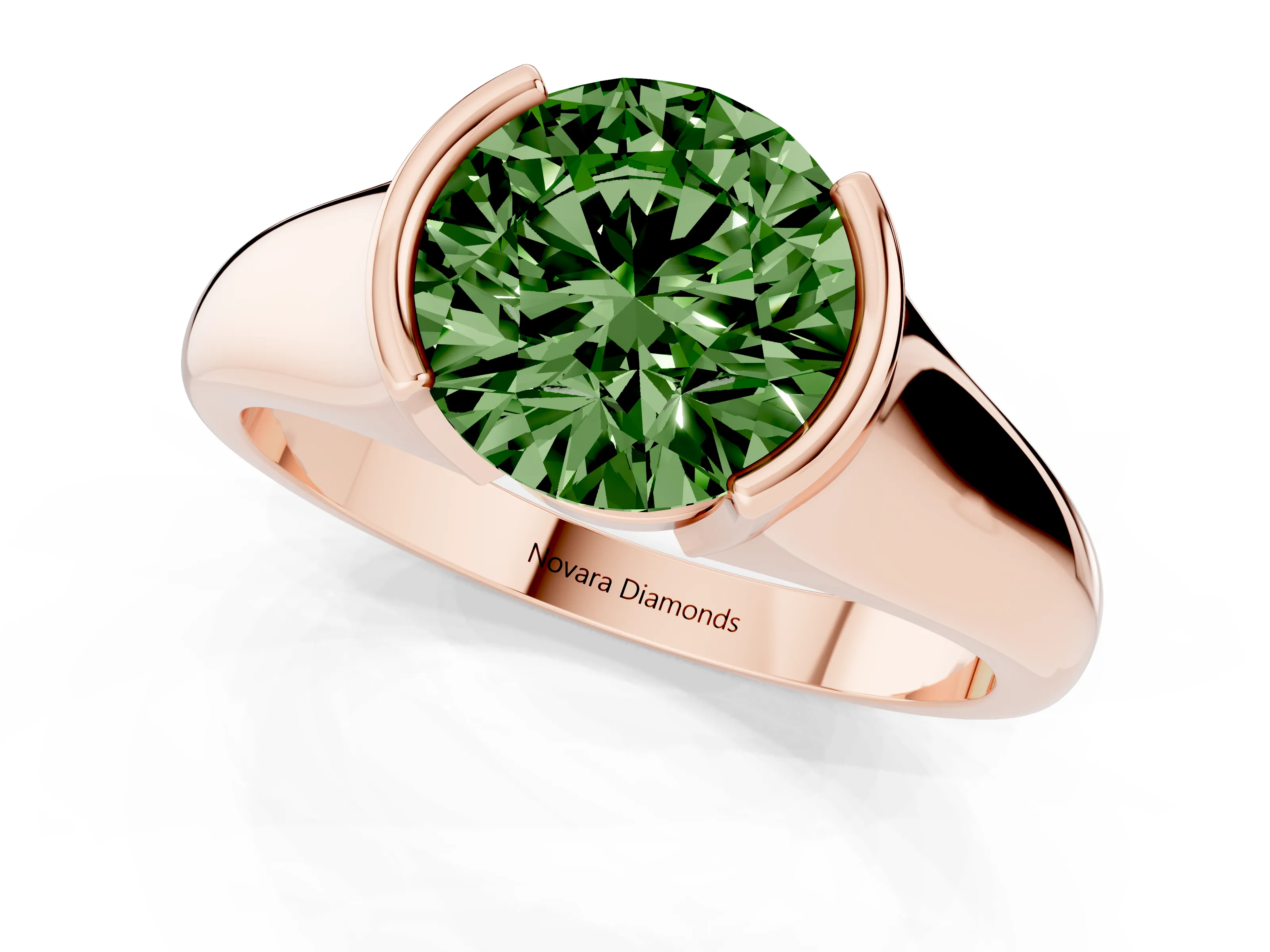 Fancy Green Round Cut Diamond Solitaire Tension Set Ring Set in Rose gold with Split Shank Band