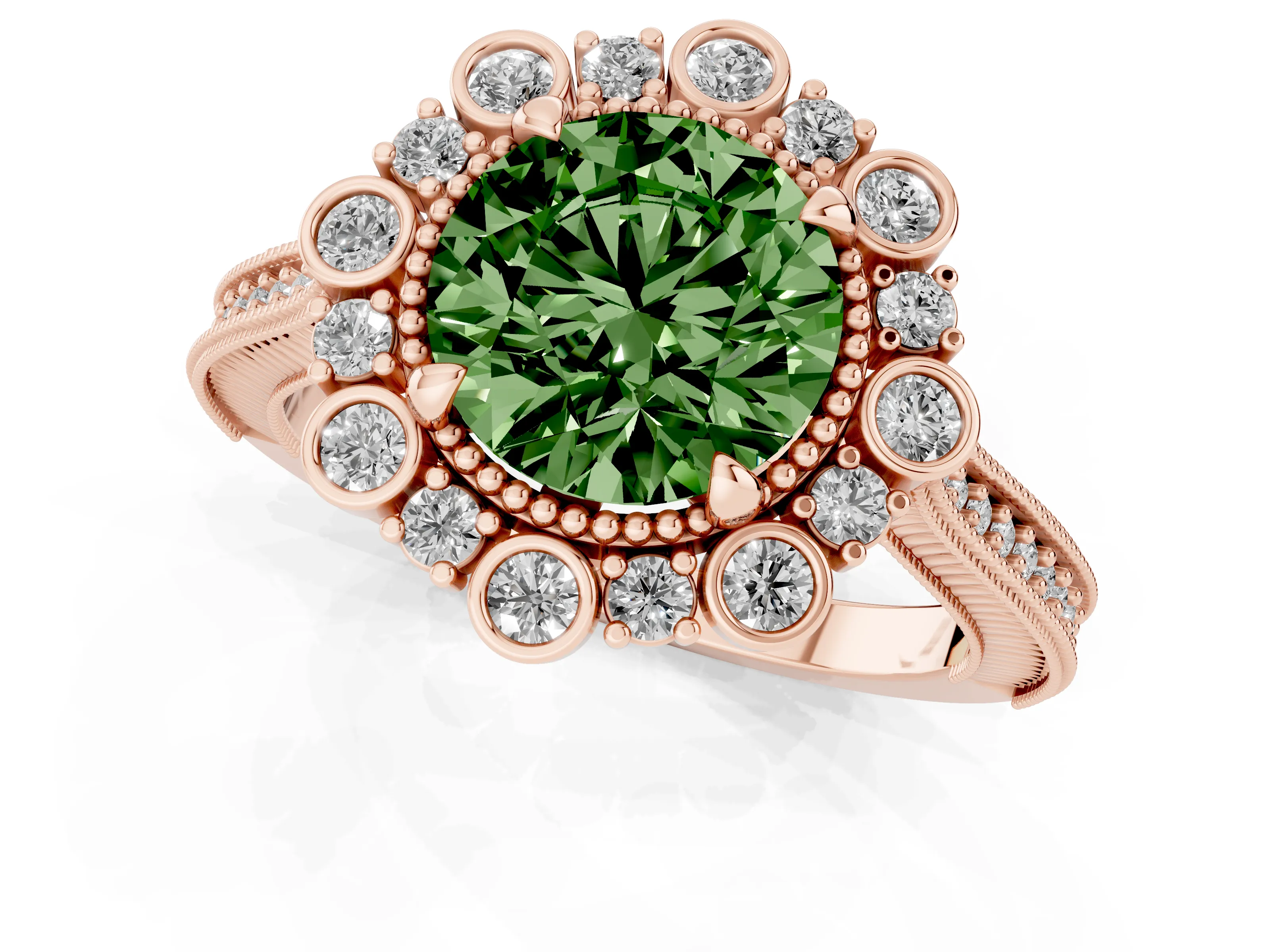 Fancy Green Round Cut Diamond Halo Milgrain Pavé Ring Set in Rose gold with Prong Setting