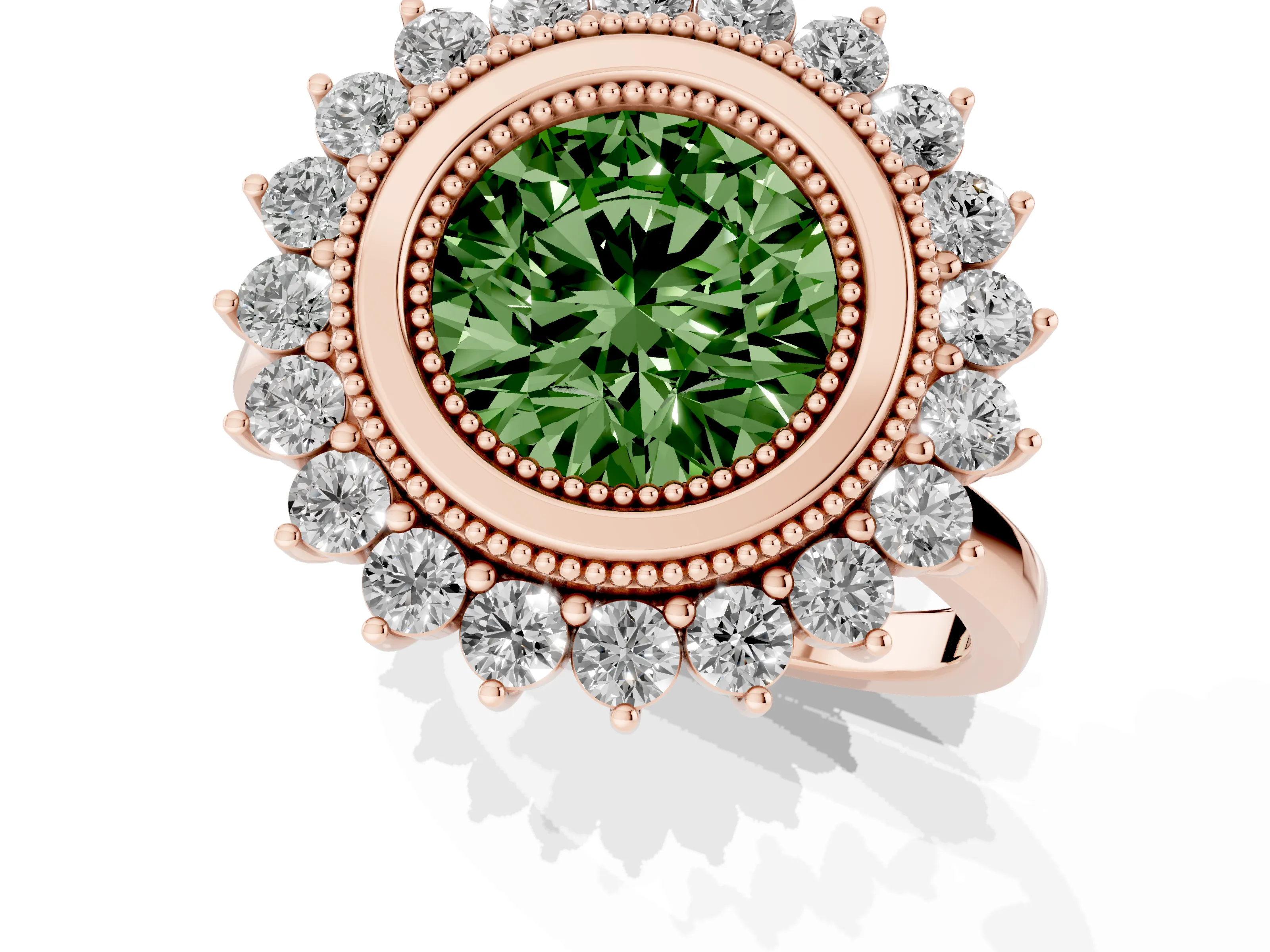 Fancy Green Round Cut Diamond Halo Ring Set in Rose gold with Milgrain Edge and Round Prong Setting