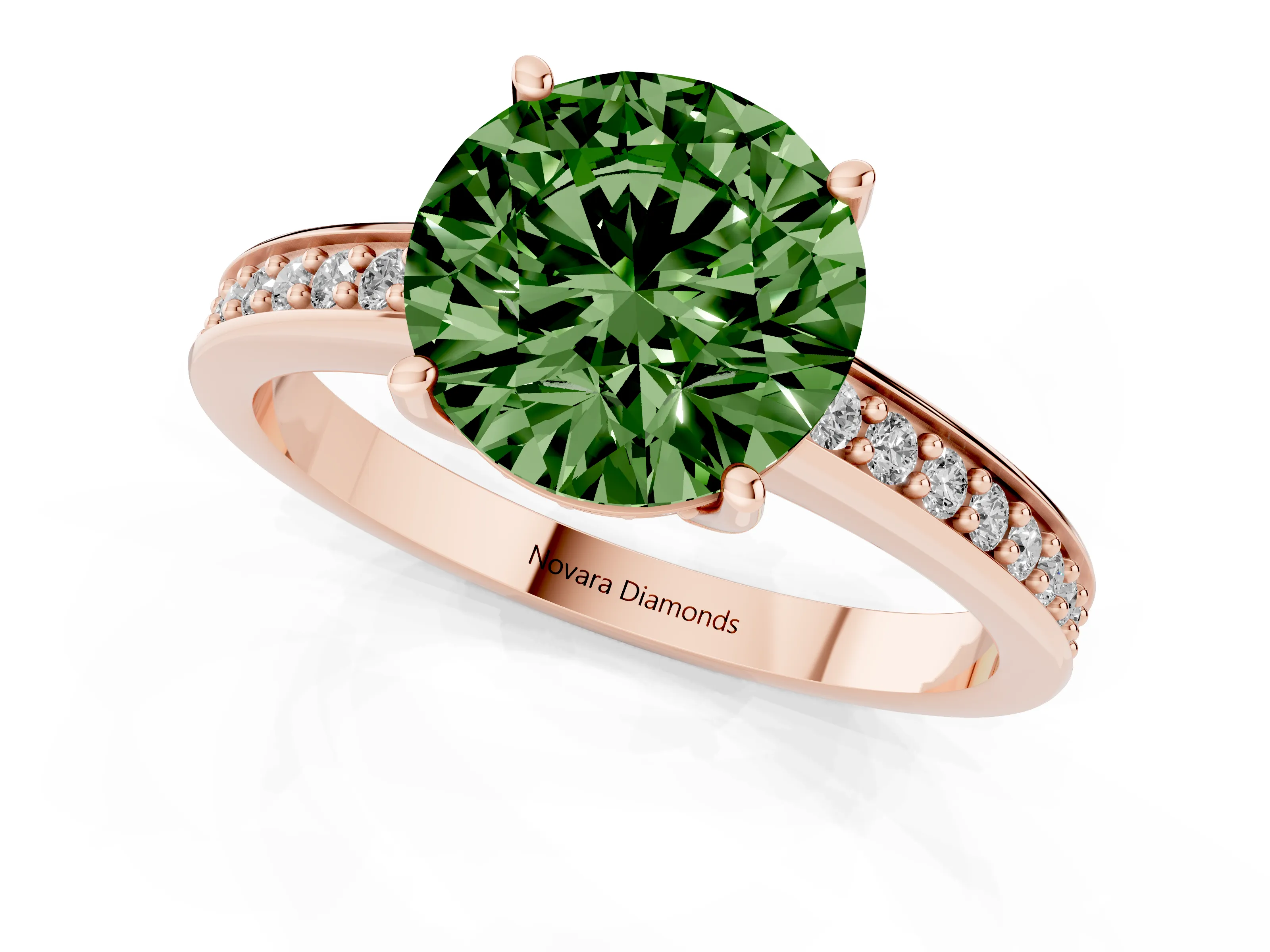 Fancy Green Round Cut Diamond Pavé Band Prong Set Solitaire Ring Set in Rose gold