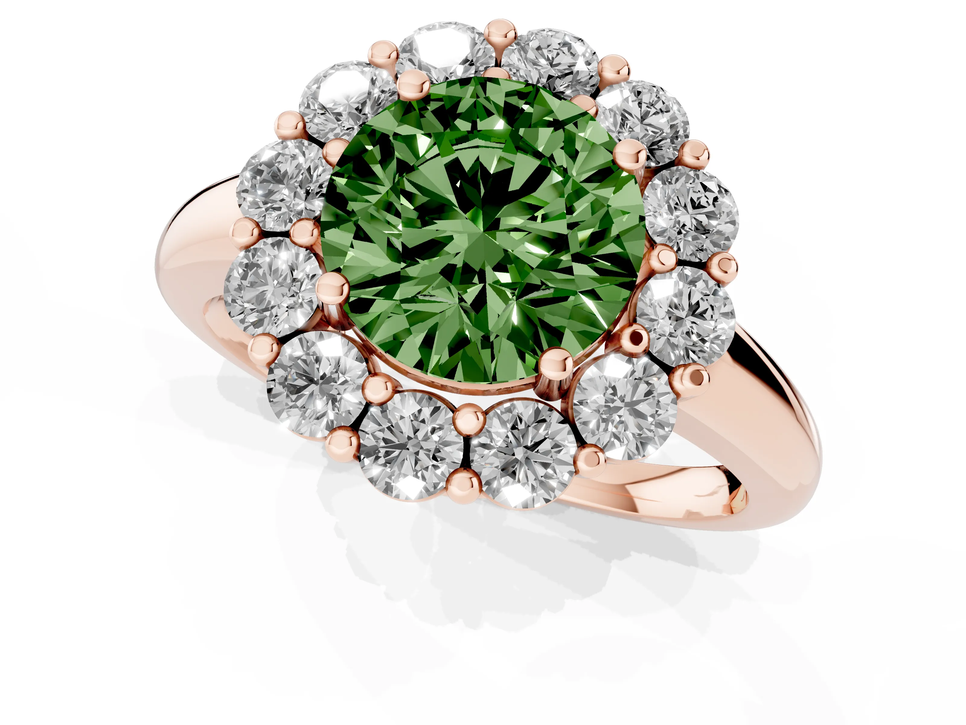 Fancy Green Round Cut Diamond Halo Cluster Engagement Ring Set in Rose gold with Polished Band and Prong Setting