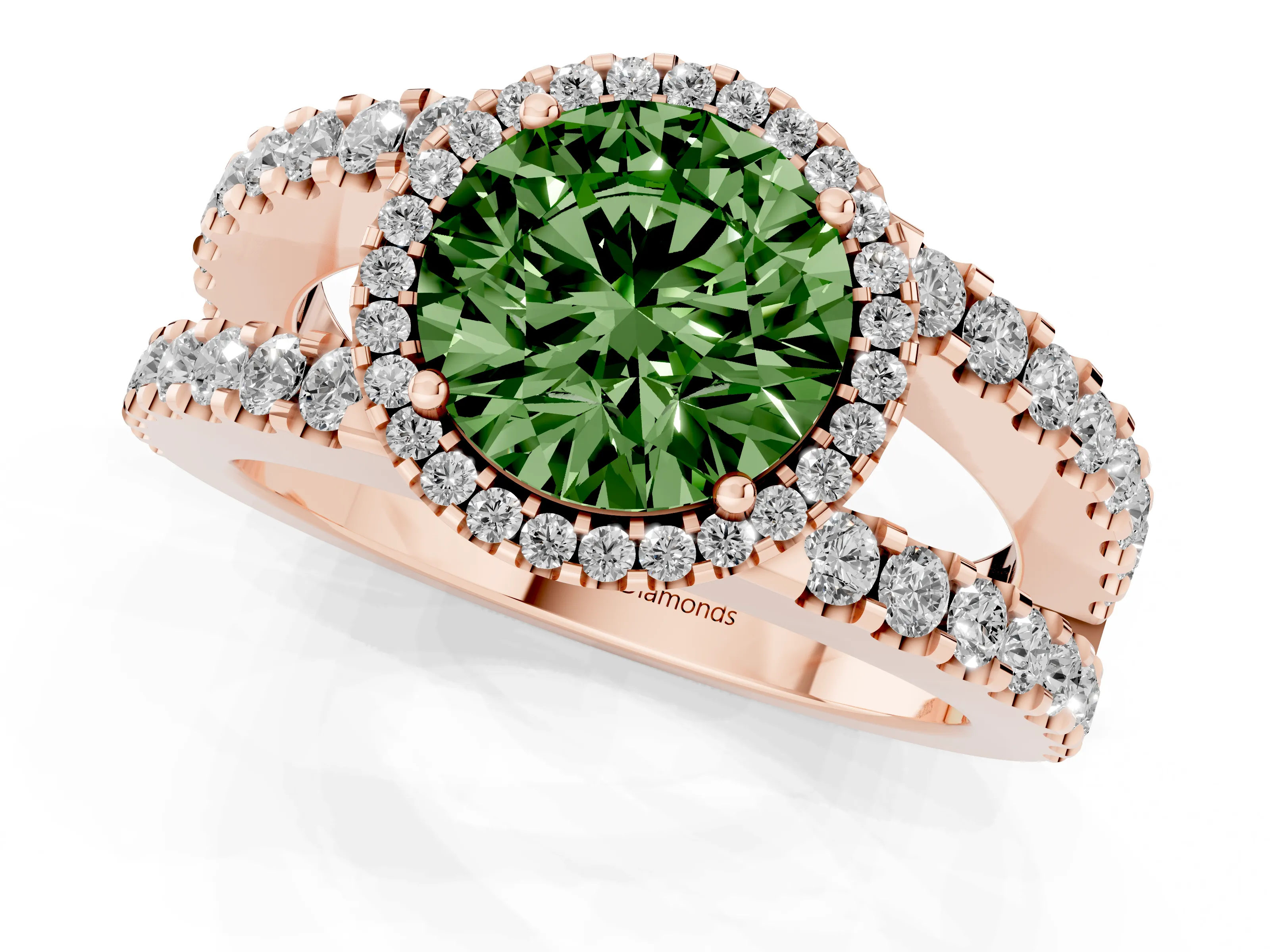 Fancy Green Round Cut Diamond Halo Ring Set in Rose gold with Pavé Split Shank and Prong Setting