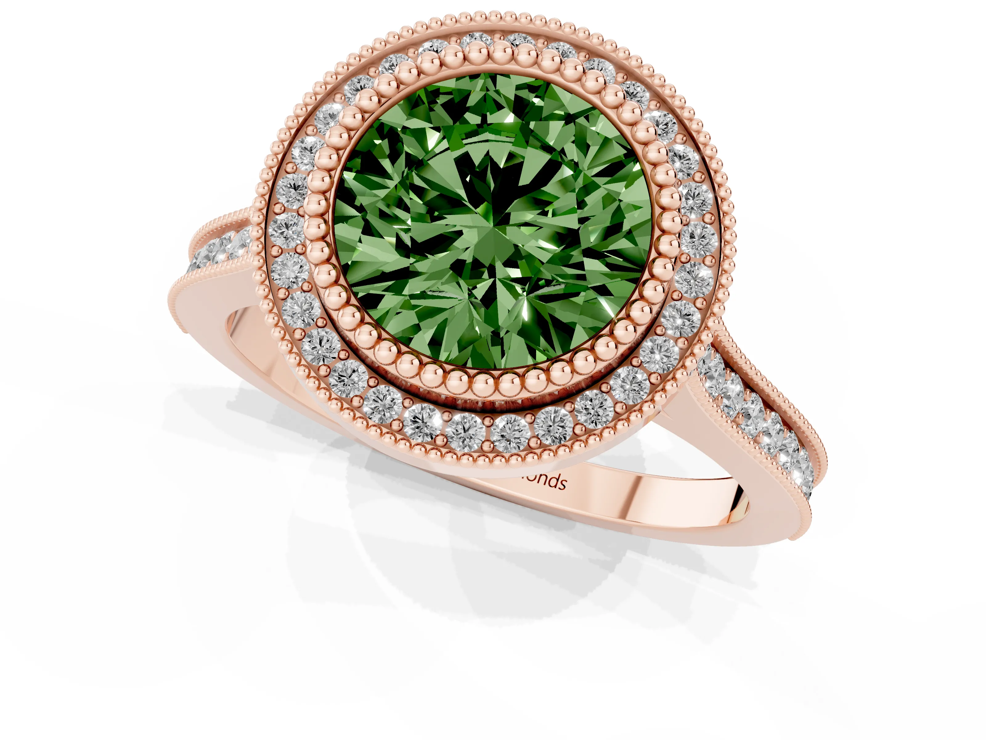 Fancy Green Round Cut Diamond Halo Ring Set in Rose gold with Milgrain Frame and Pavé Band