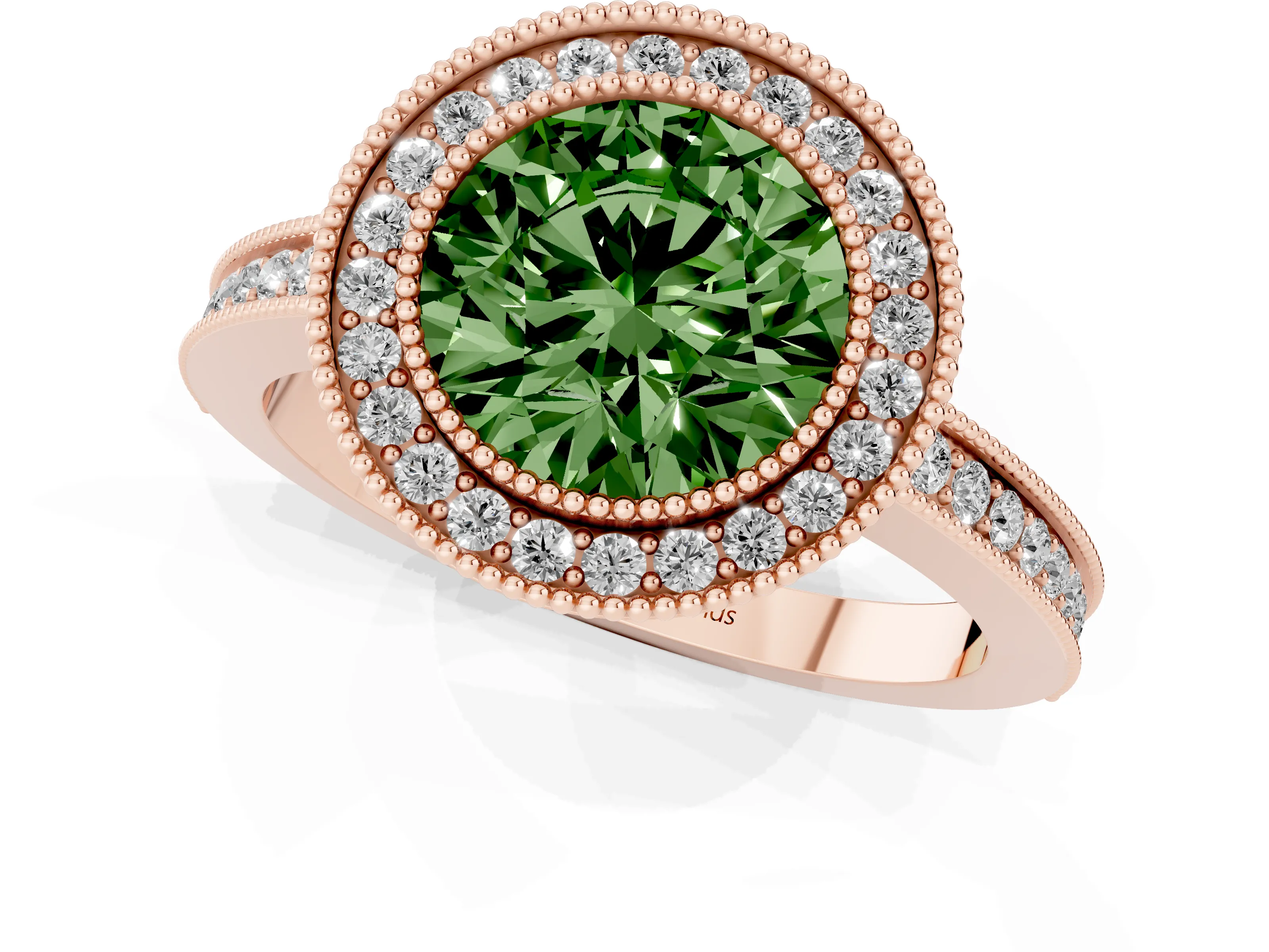 Fancy Green Round Cut Diamond Halo Ring Set in Rose gold with Pavé Band and Milgrain-Edged Prongs