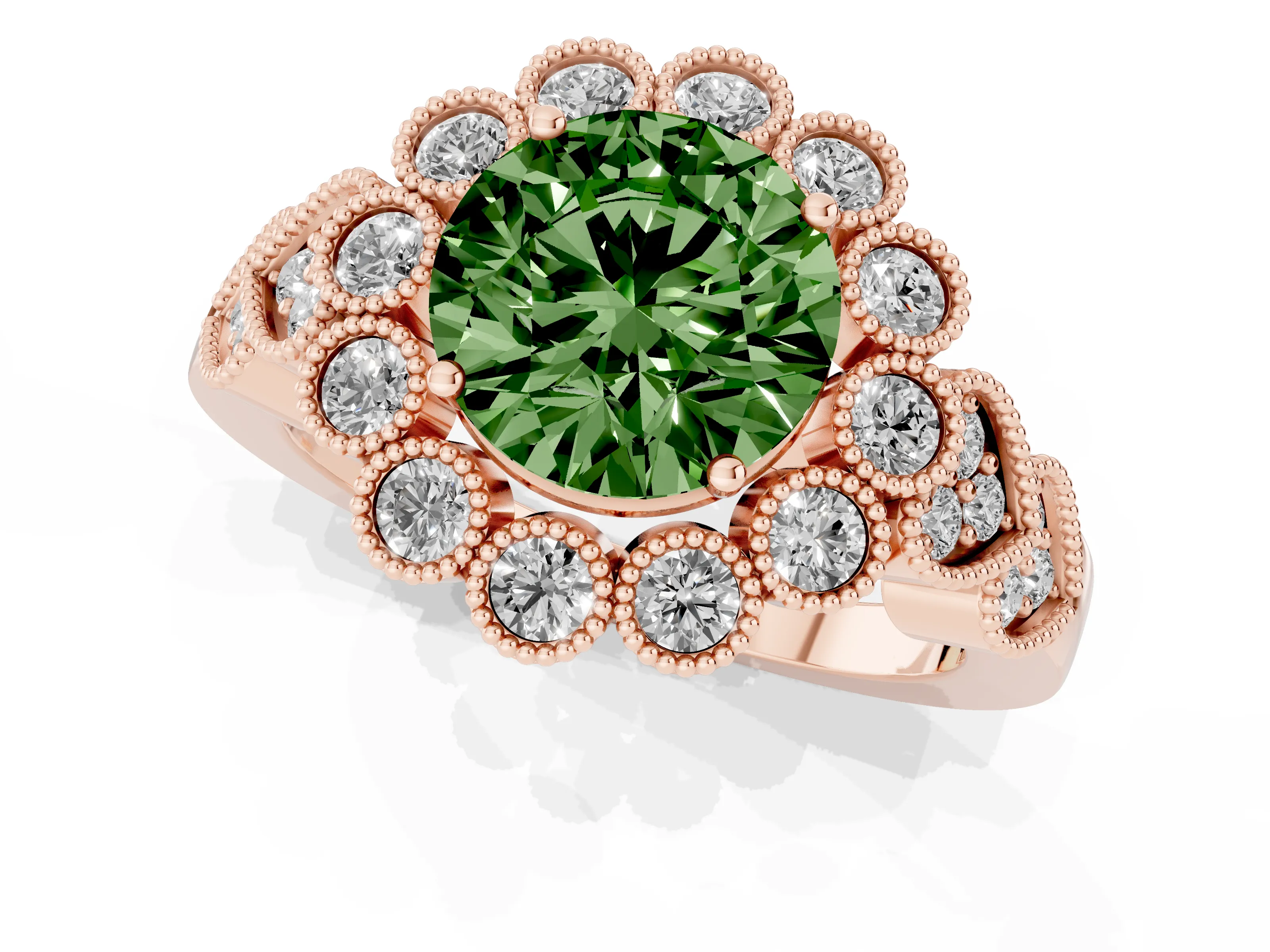 Fancy Green Round Cut Diamond Solitaire Ring Set in Rose gold with Milgrain Pavé Heart Band