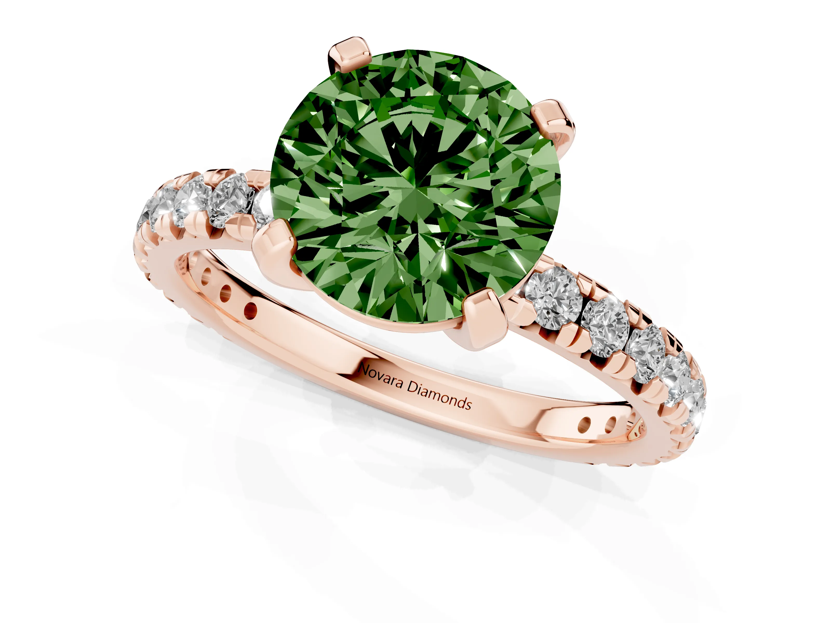 Fancy Green Round Cut Diamond Pavé Solitaire Ring Set in Rose gold with Round Band and Prong Setting