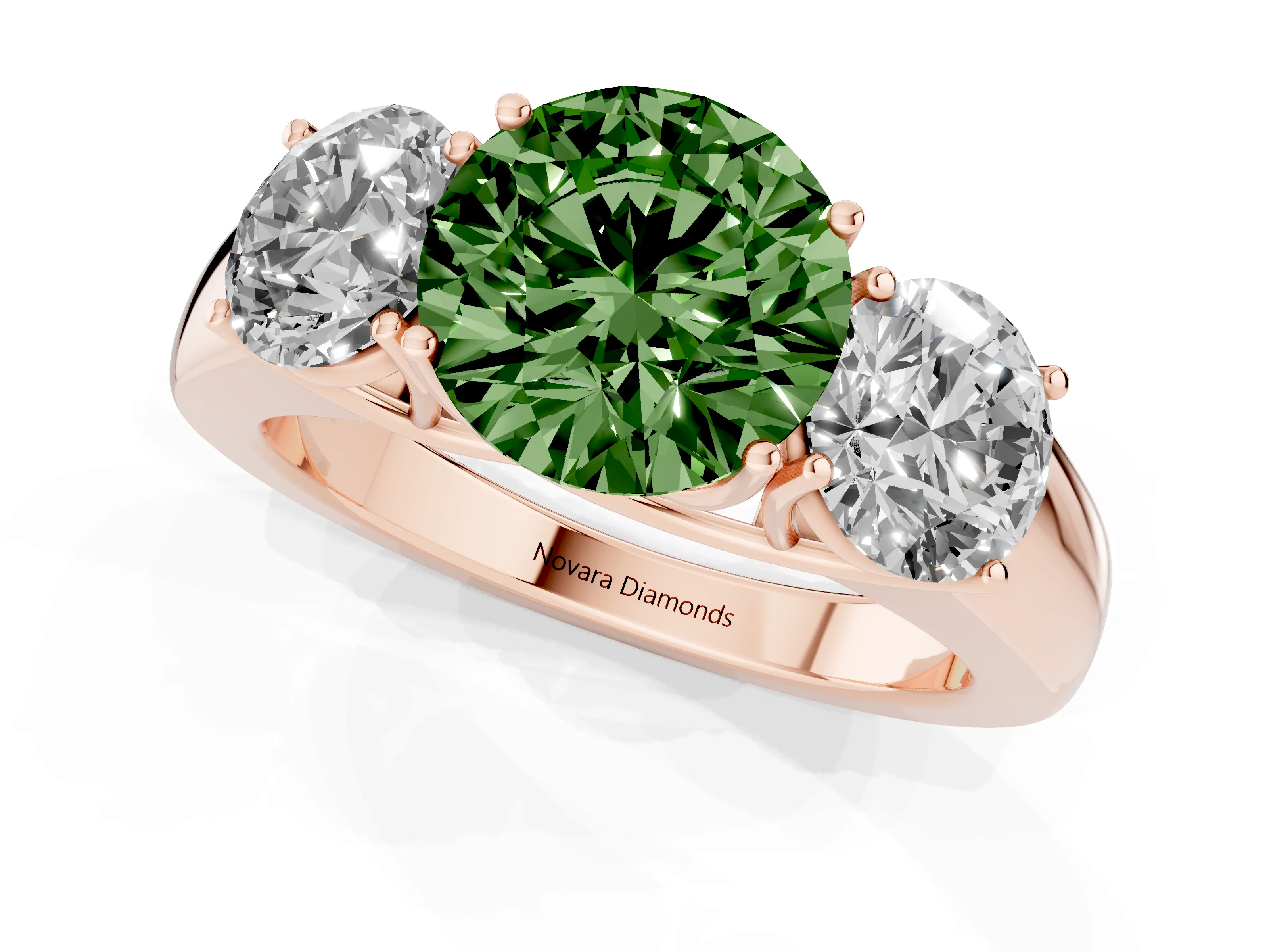 Fancy Green Three-Stone Round Cut Diamond Ring Set in Rose gold with Matching Prong Settings and Plain Band
