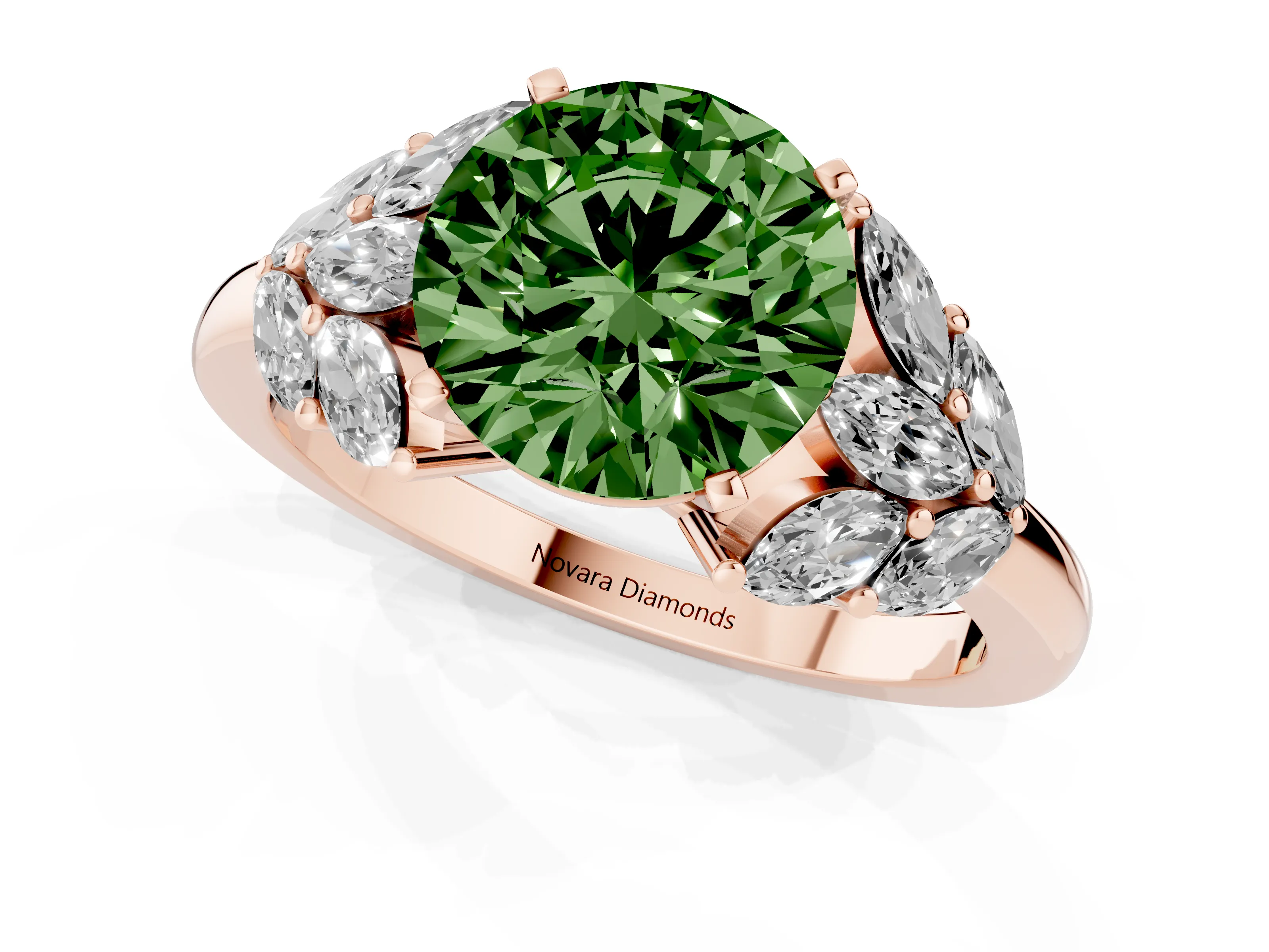 Fancy Green Round Cut Diamond Cluster Leaf Design Ring Set in Rose gold with Prong Setting