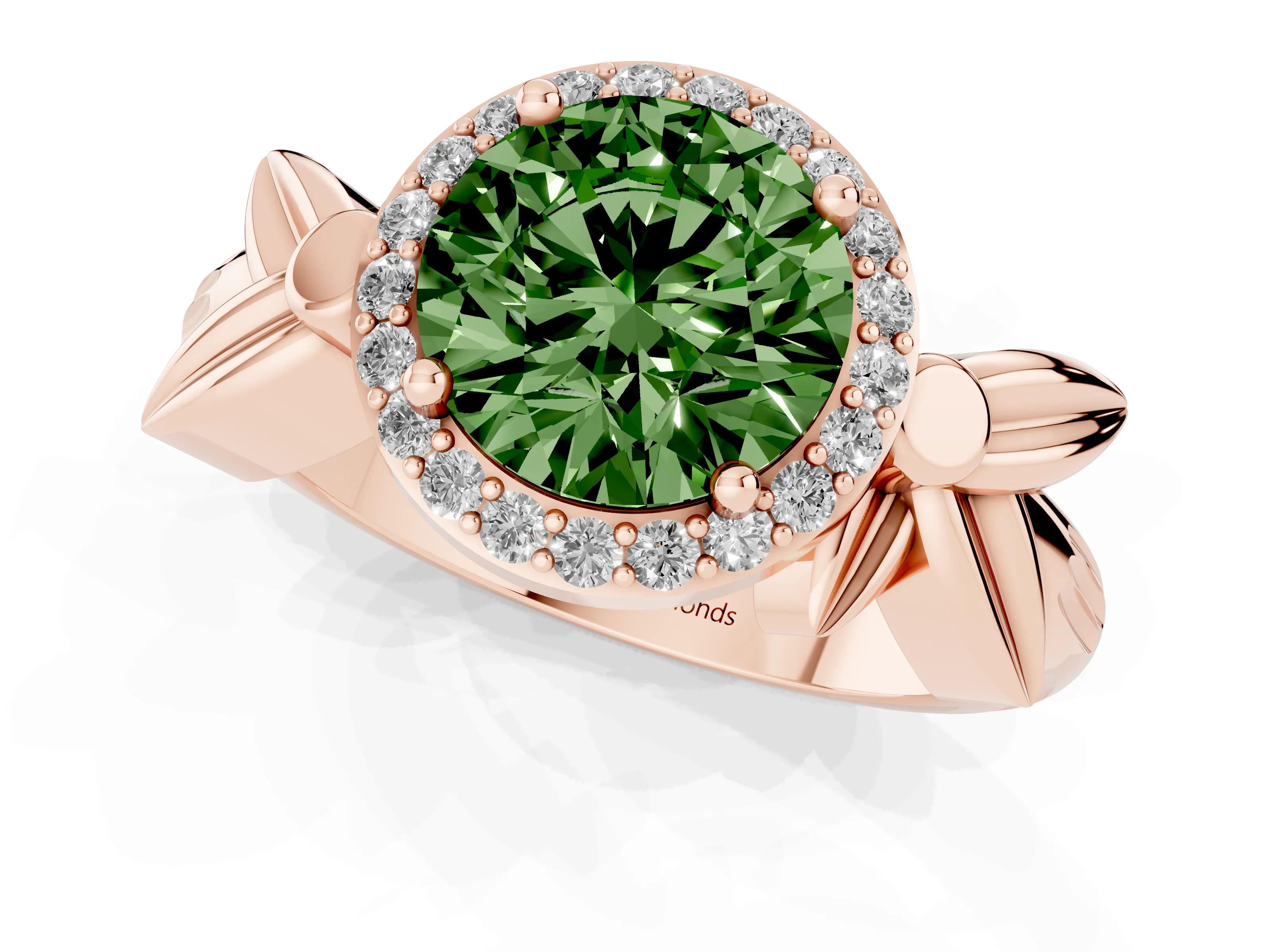 Fancy Green Round Cut Diamond Halo Floral Band Ring Set in Rose gold with Prong Setting