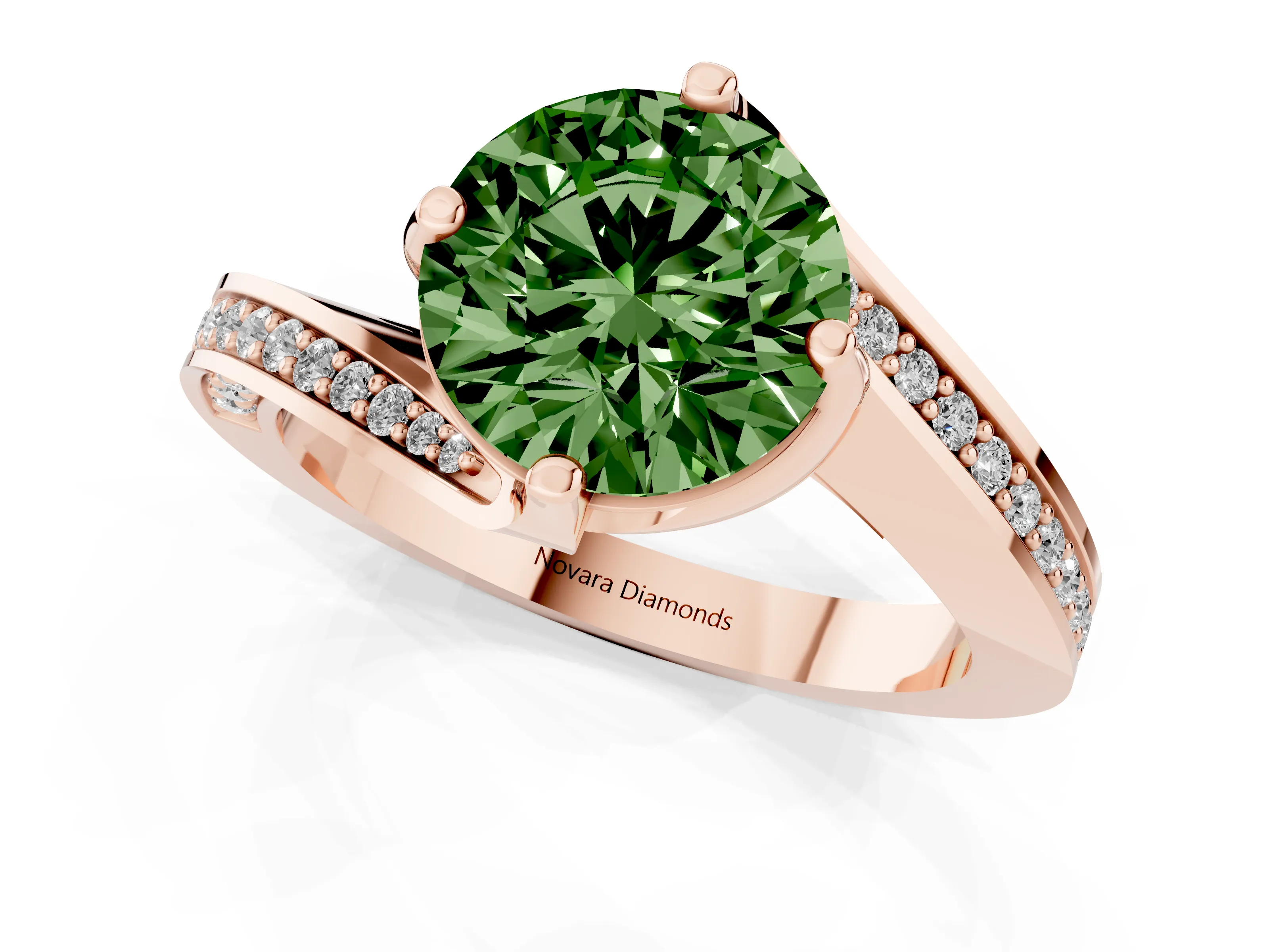 Fancy Green Round Cut Diamond Solitaire Ring Set in Rose gold with Intertwined Pavé Twist Band