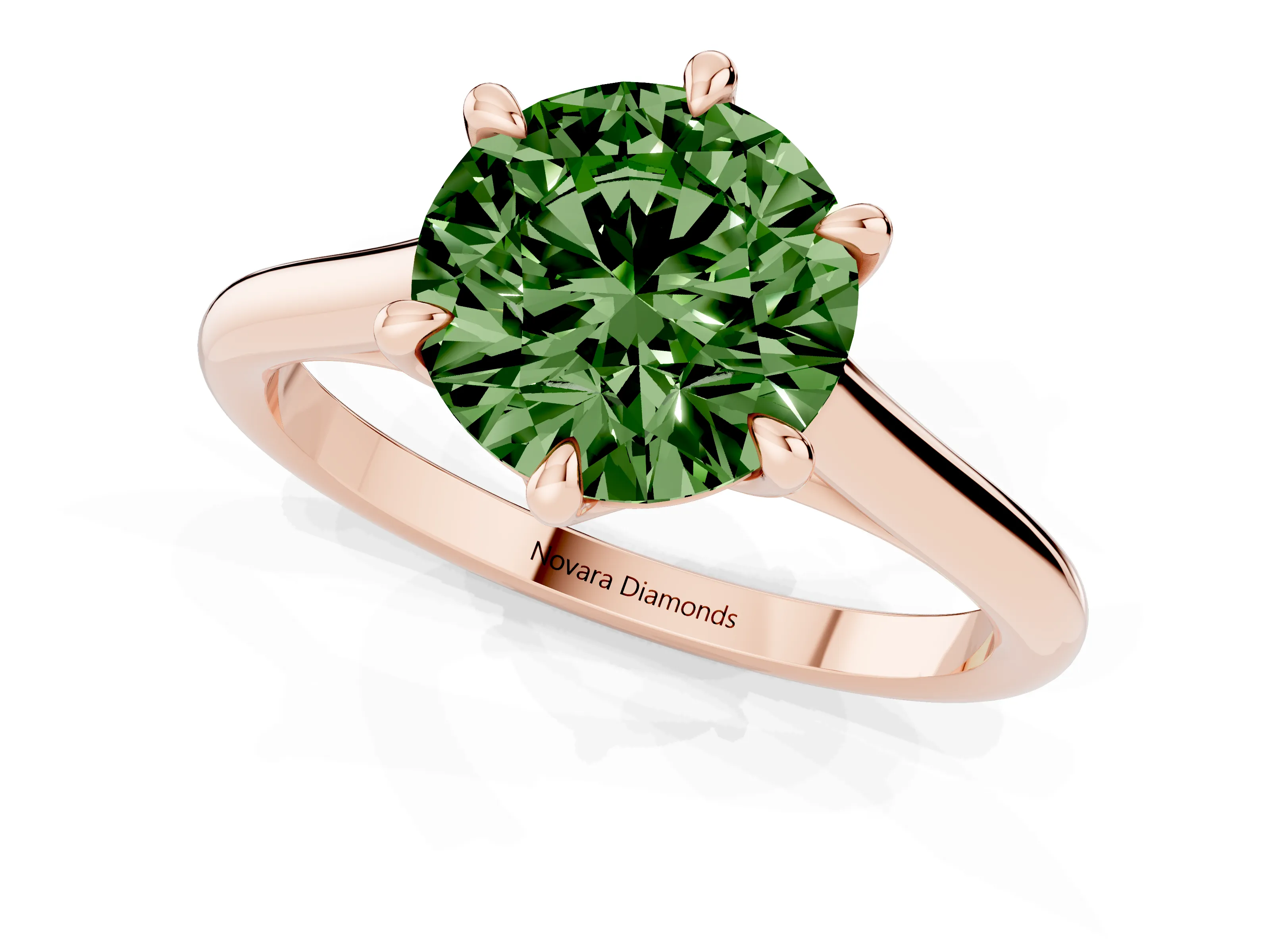 Fancy Green Round Cut Diamond Solitaire Engagement Ring Set in Rose gold with Prong Setting and Plain Classic Band