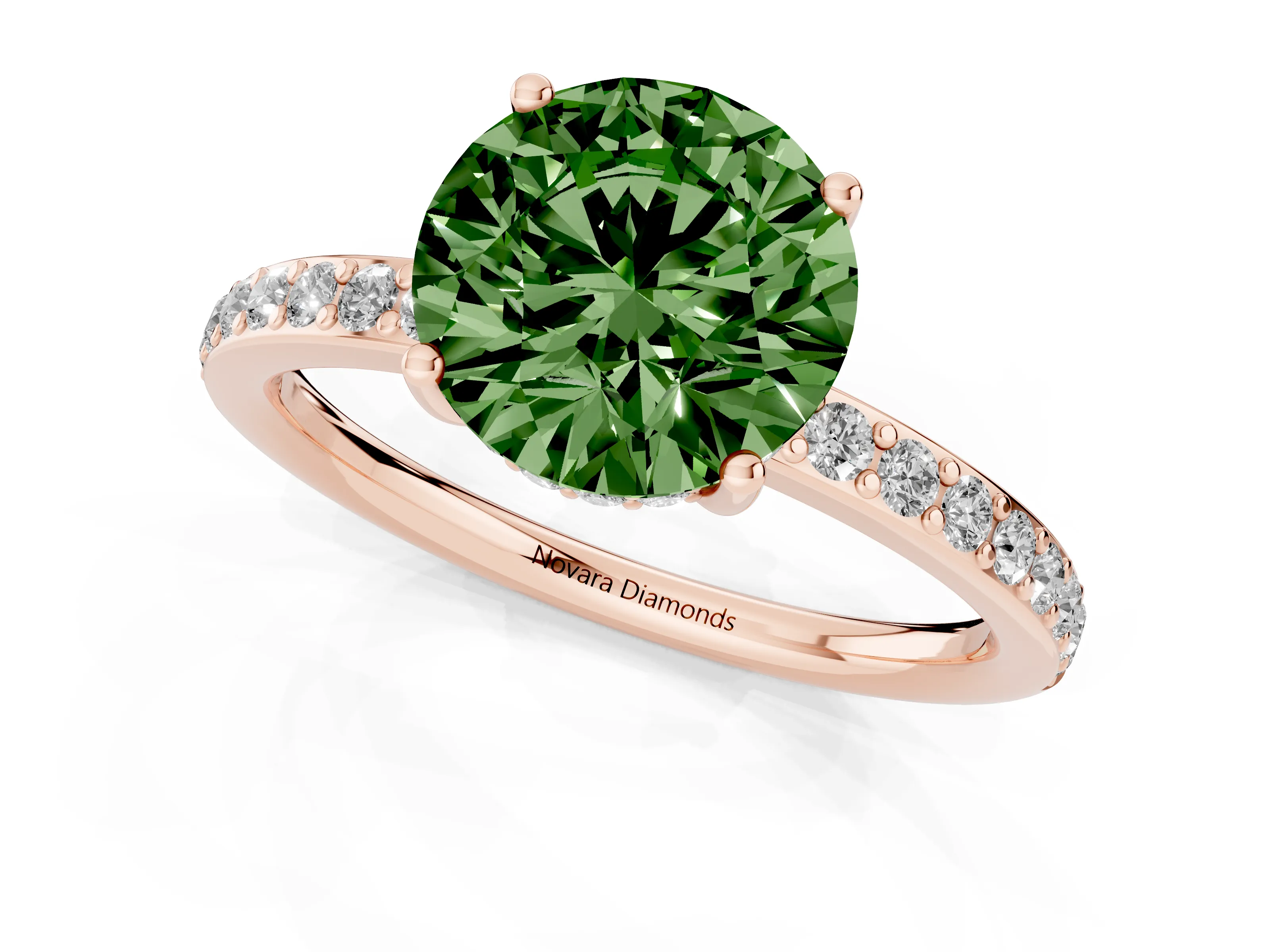Fancy Green Round Cut Diamond Pavé Band Ring Set in Rose gold with Prong-Set Center Stone