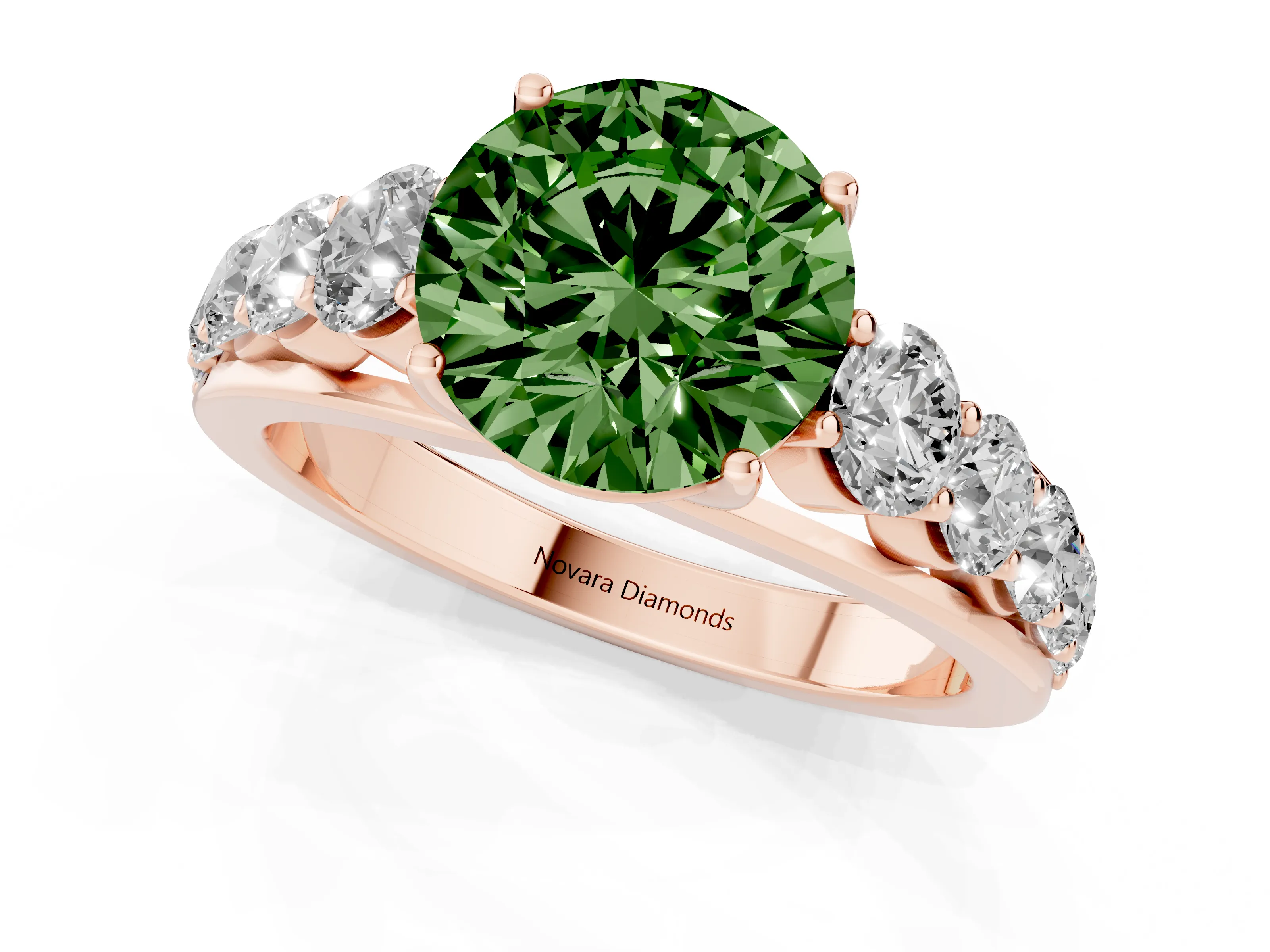 Fancy Green Round Cut Diamond Solitaire Ring Set in Rose gold with Pavé-Set Band and Prong Setting