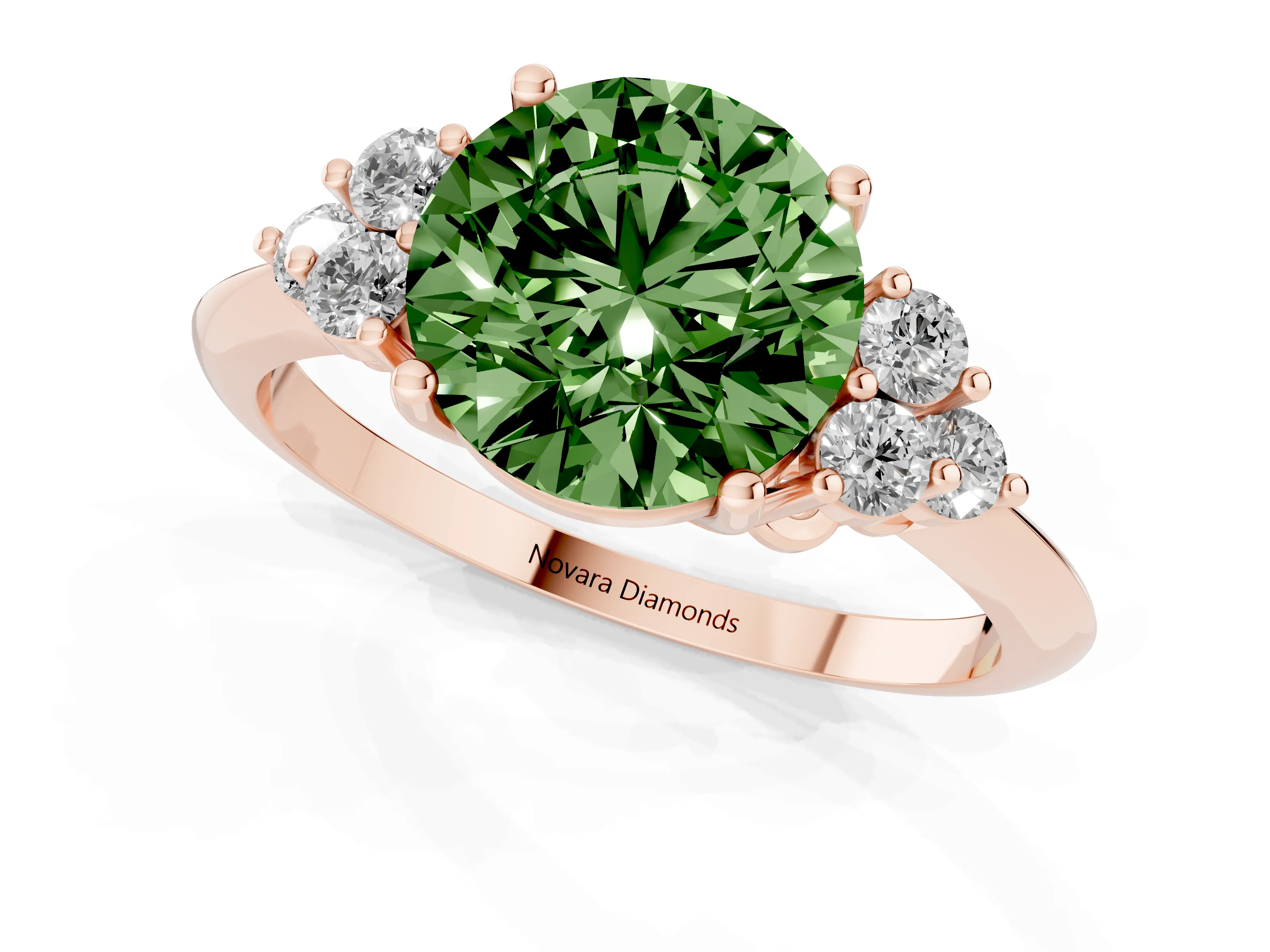 Fancy Green Round Cut Diamond Cluster Ring Set in Rose gold with Plain Band and Prong Setting