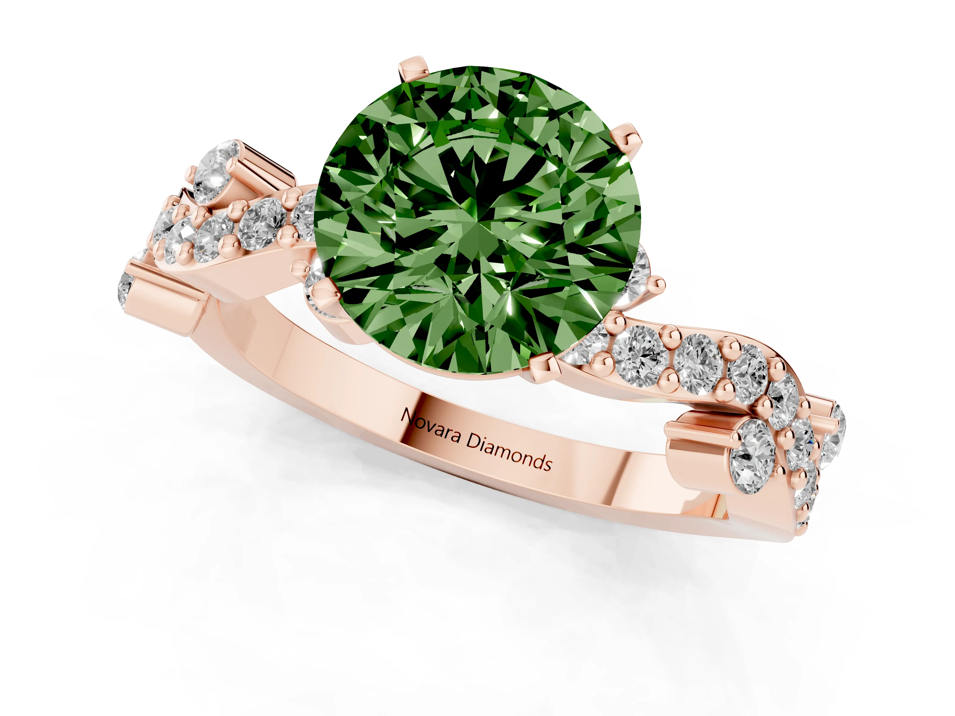 Fancy Green Round Cut Diamond Solitaire Twisted Band Set in Rose gold with Pavé Setting