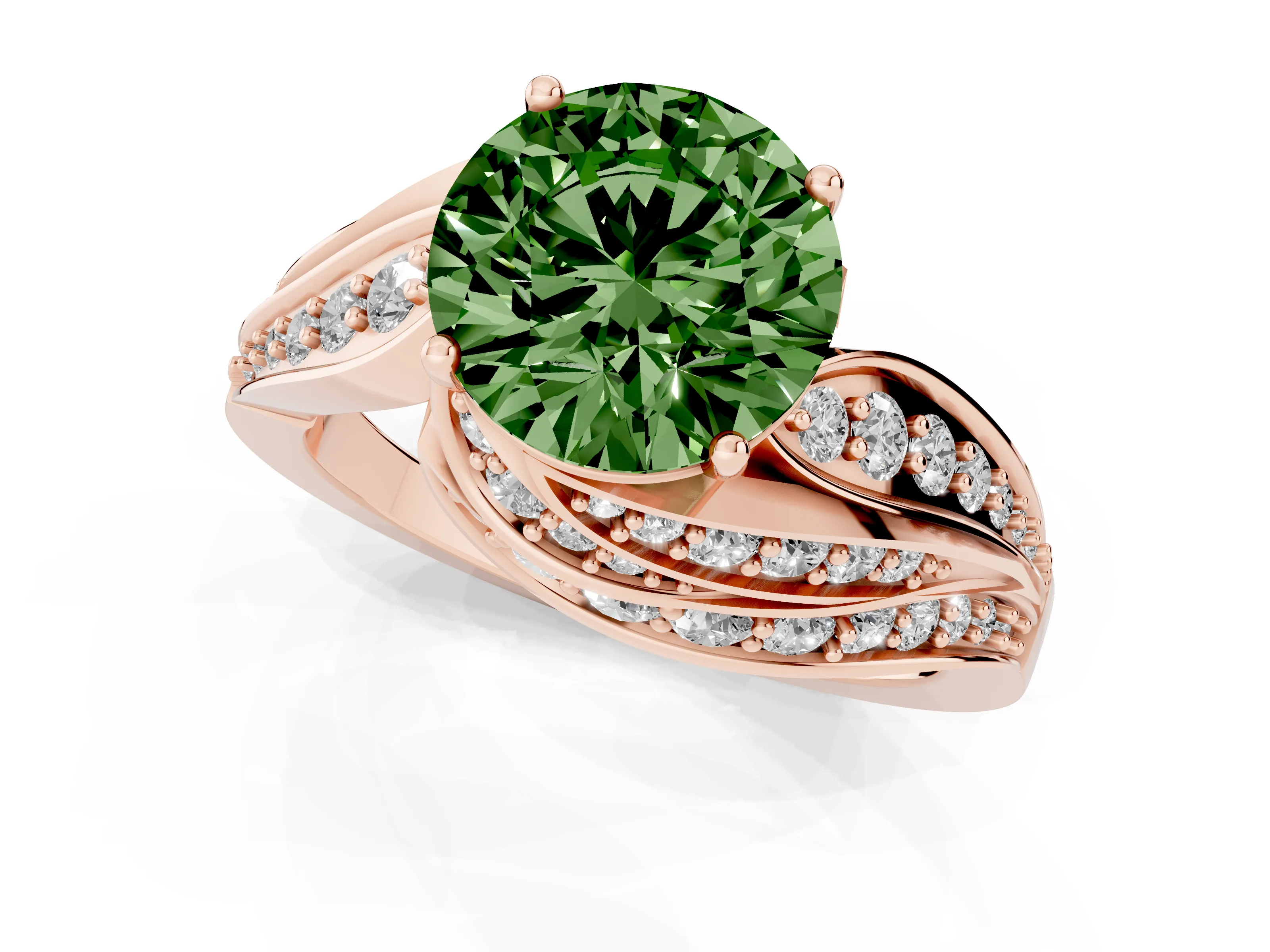 Fancy Green Round Cut Diamond Solitaire Ring Set in Rose gold with Layered Twist Pavé Band