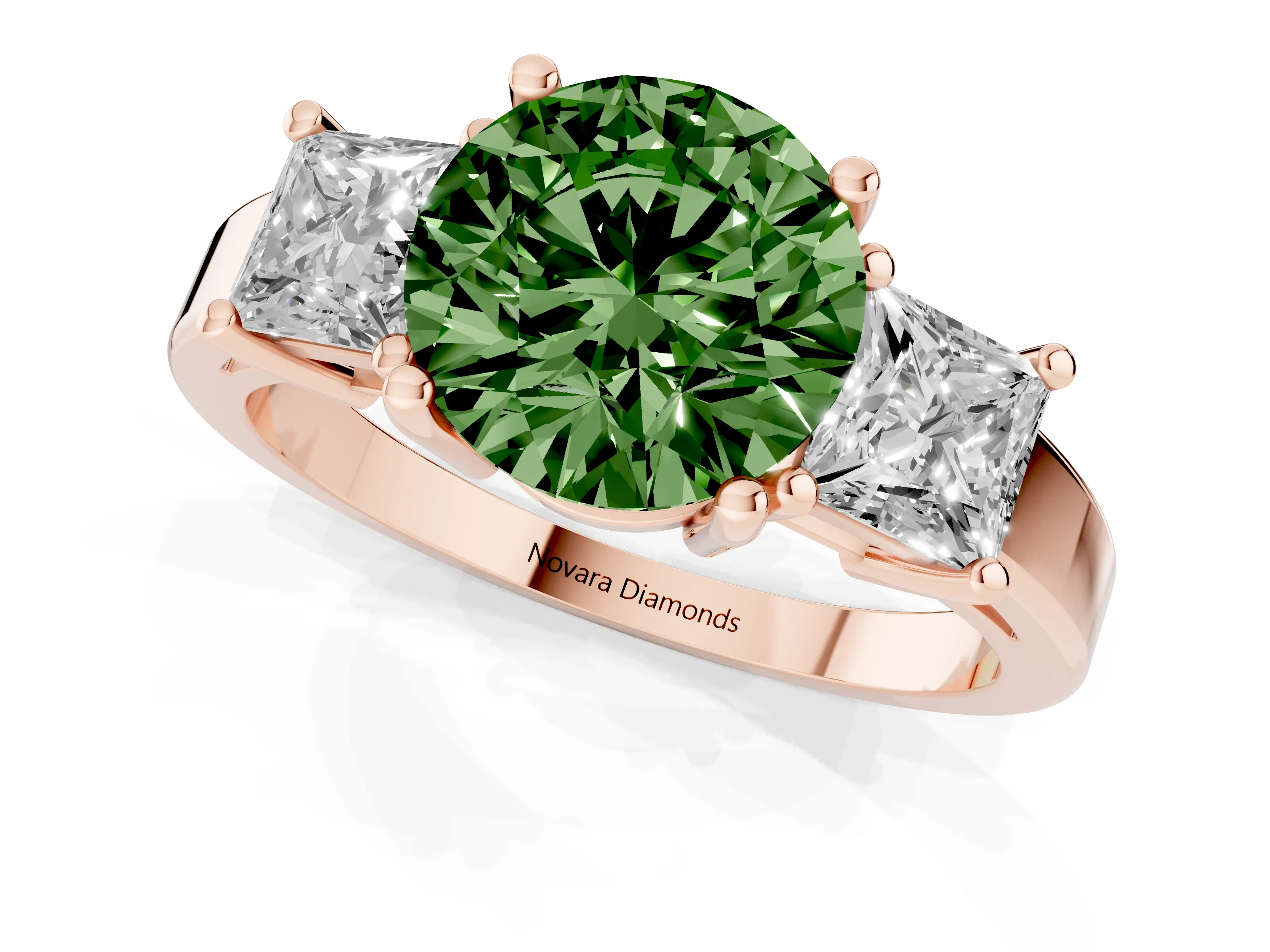 Fancy Green Three-Stone Round Cut Diamond Solitaire Ring Set in Rose gold with Prong Setting