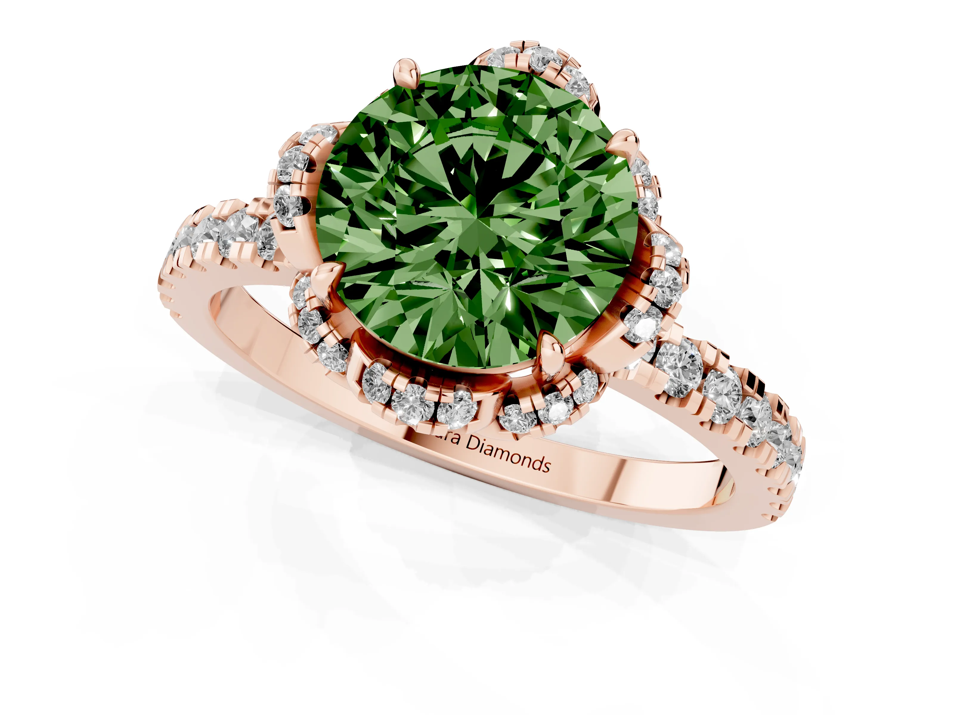 Fancy Green Round Cut Diamond Halo Pavé Band Ring Set in Rose gold with Prong-Held Center