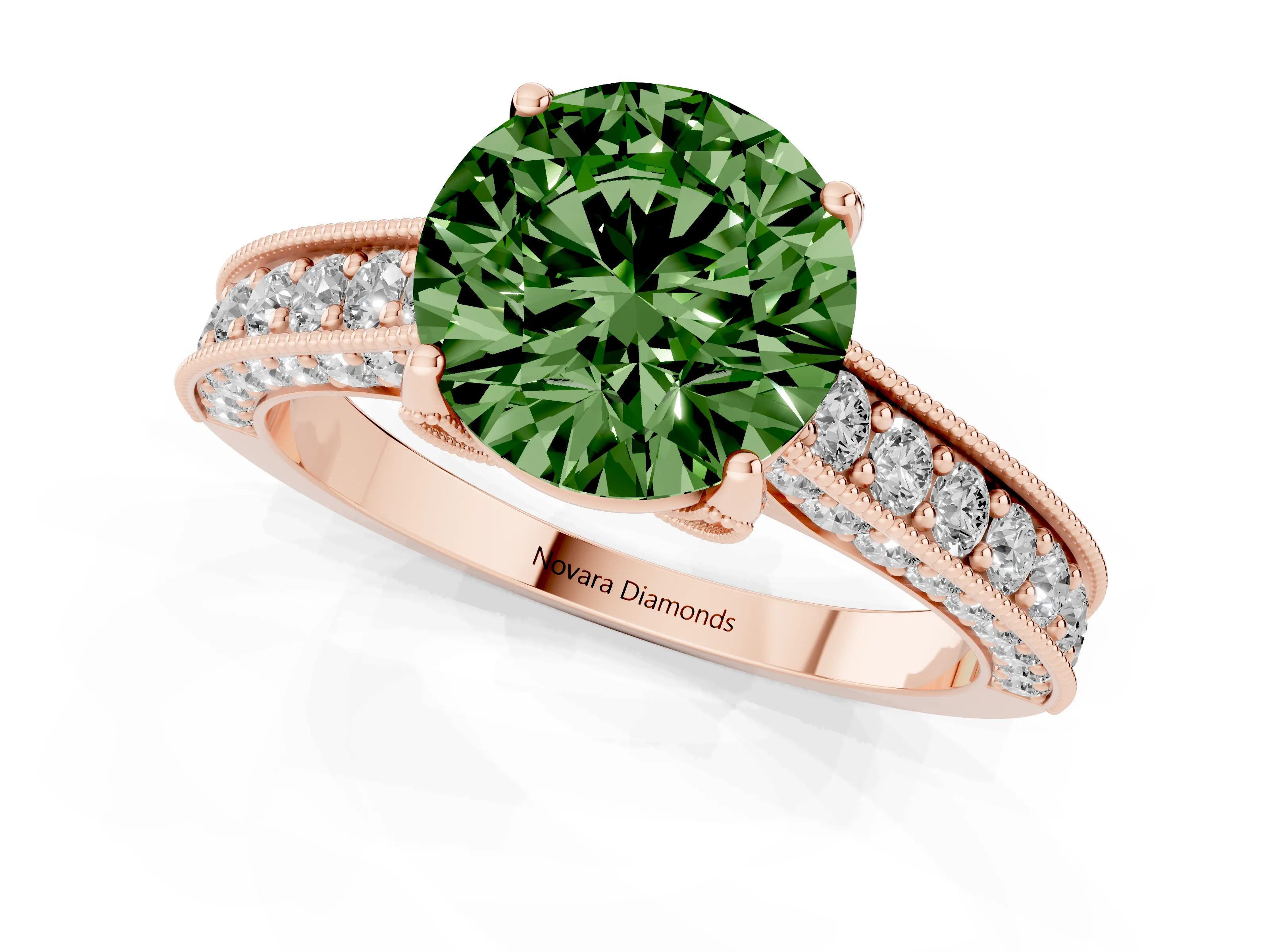 Fancy Green Round Cut Diamond Solitaire Ring Set in Rose gold with Milgrain-Edged Pavé Band and Prong Setting