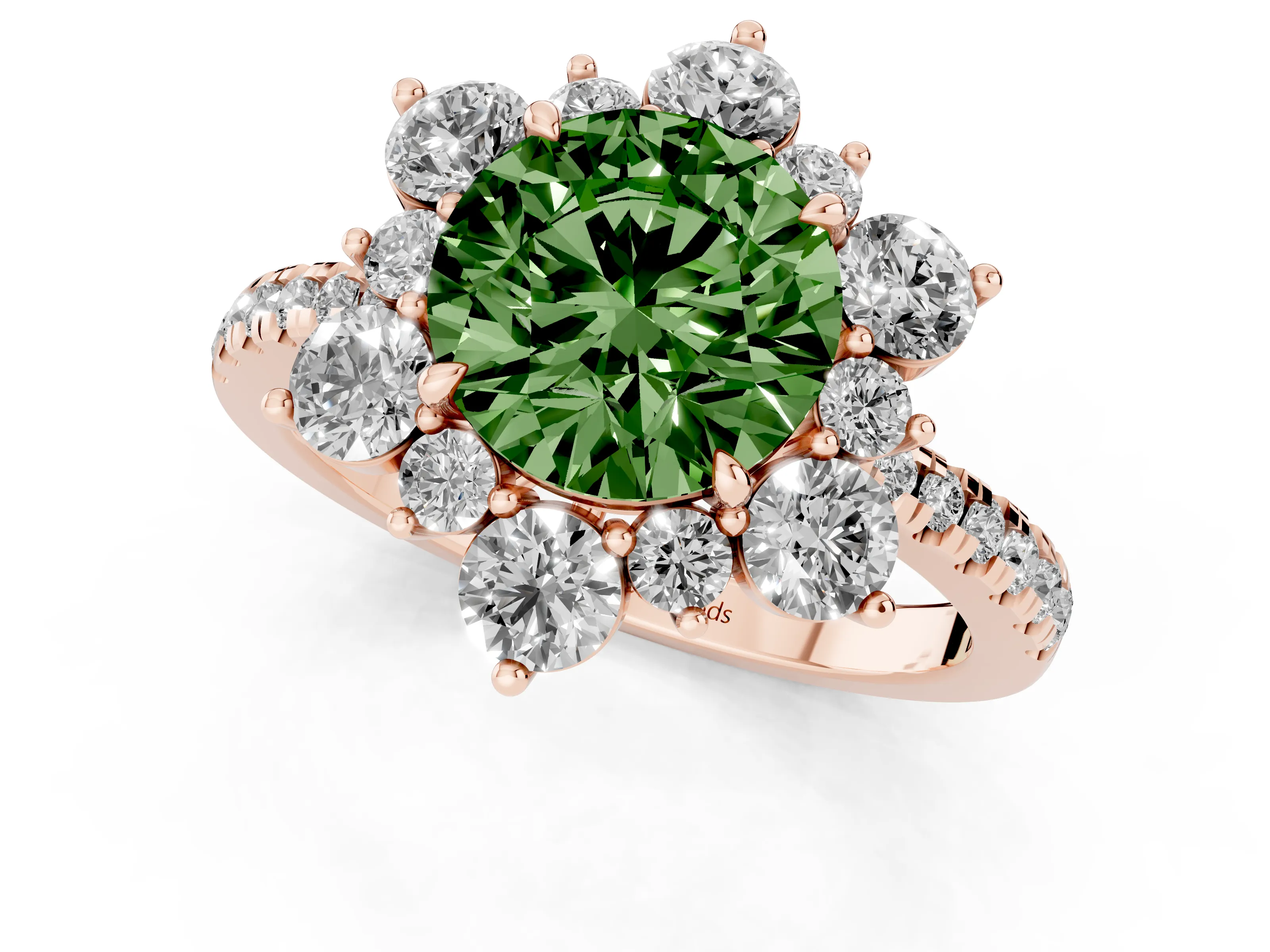 Fancy Green Round Cut Diamond Floral Halo Ring Set in Rose gold with Round Pavé Band and Prong Setting