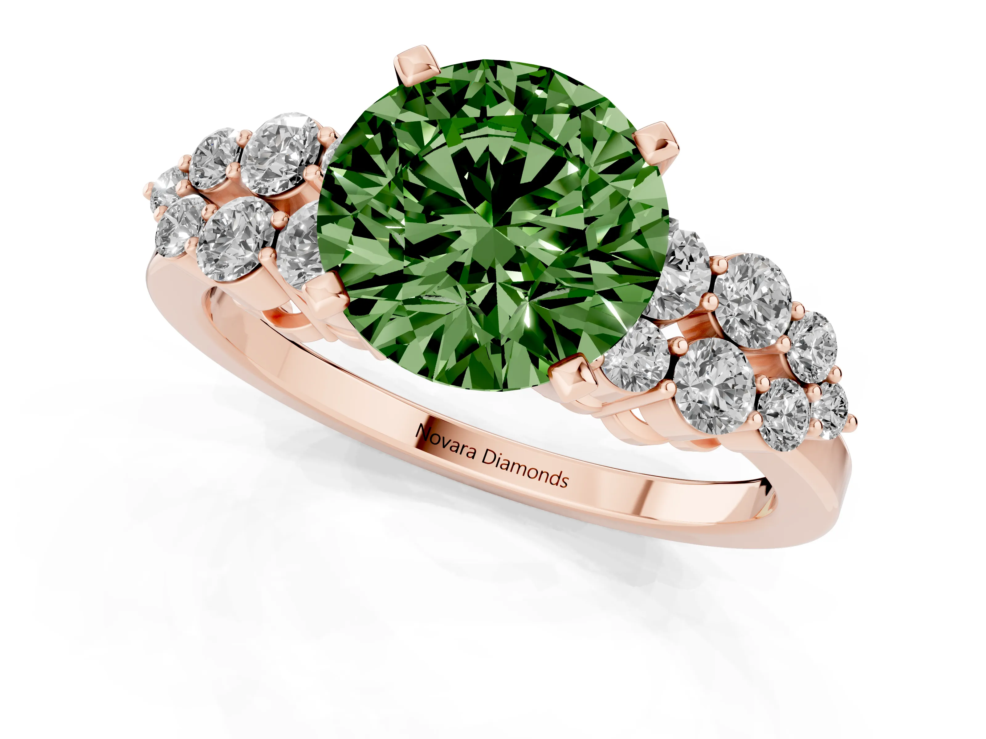 Fancy Green Round Cut Diamond Cluster Engagement Ring Set in Rose gold with Pavé Band and Prong Setting